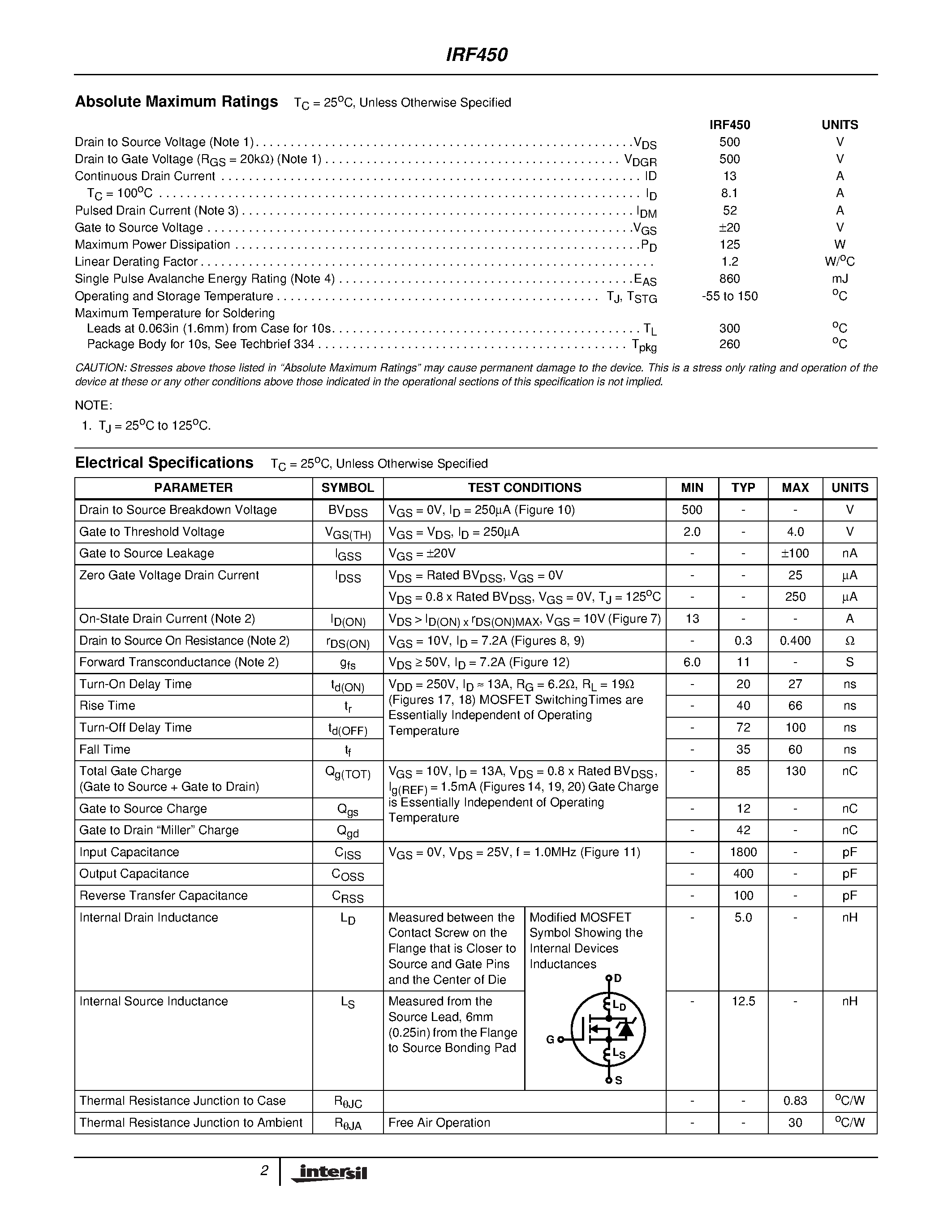 Datasheet IRF450 page 2 Datasheet IRF450 - 13A/ 500V/ 0.400 Ohm/ N-Channel Power MOSFET page 2