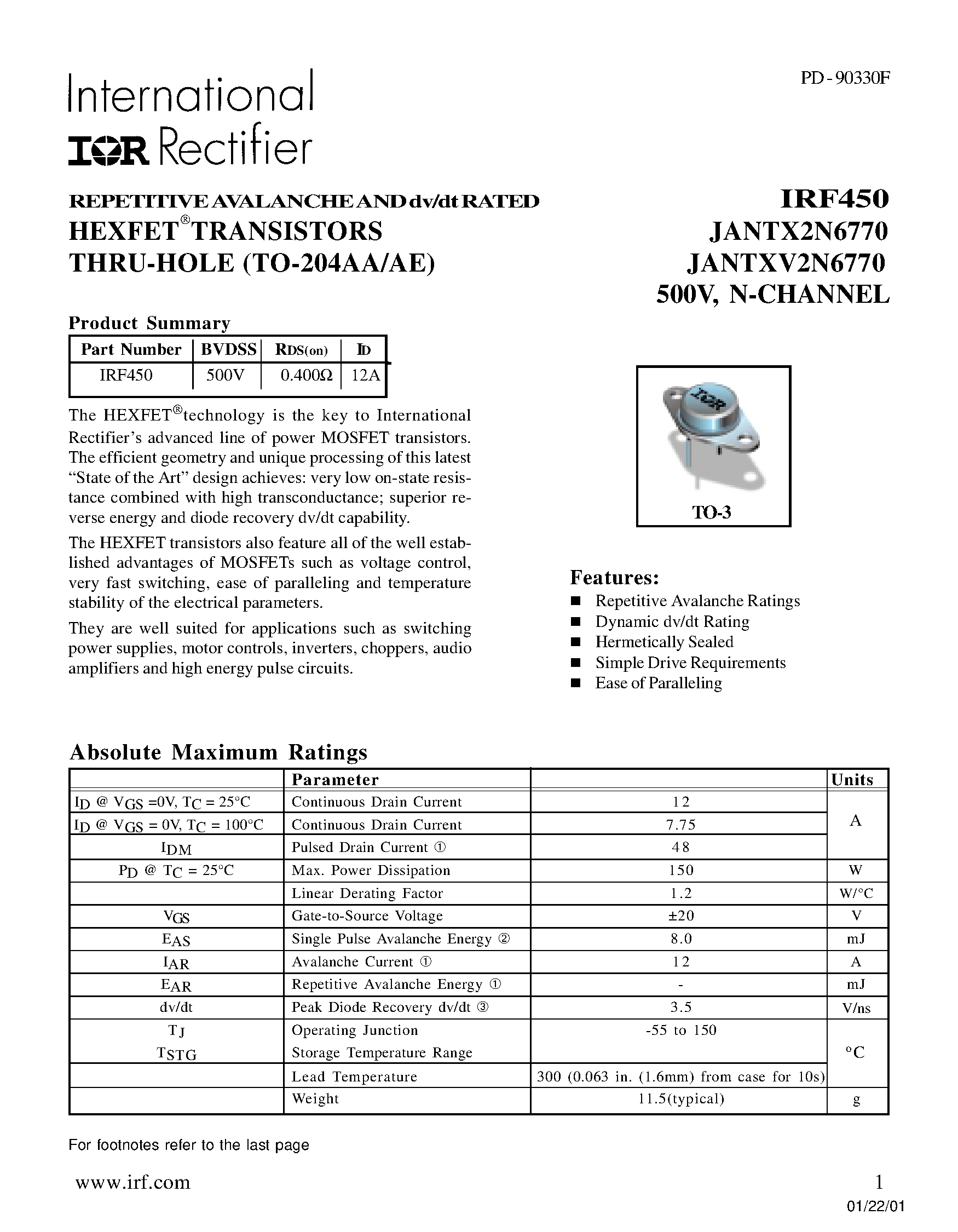 Datasheet IRF450 - TRANSISTORS N-CHANNEL(Vdss=500V/ Rds(on)=0.400ohm/ Id=12A) page 1
