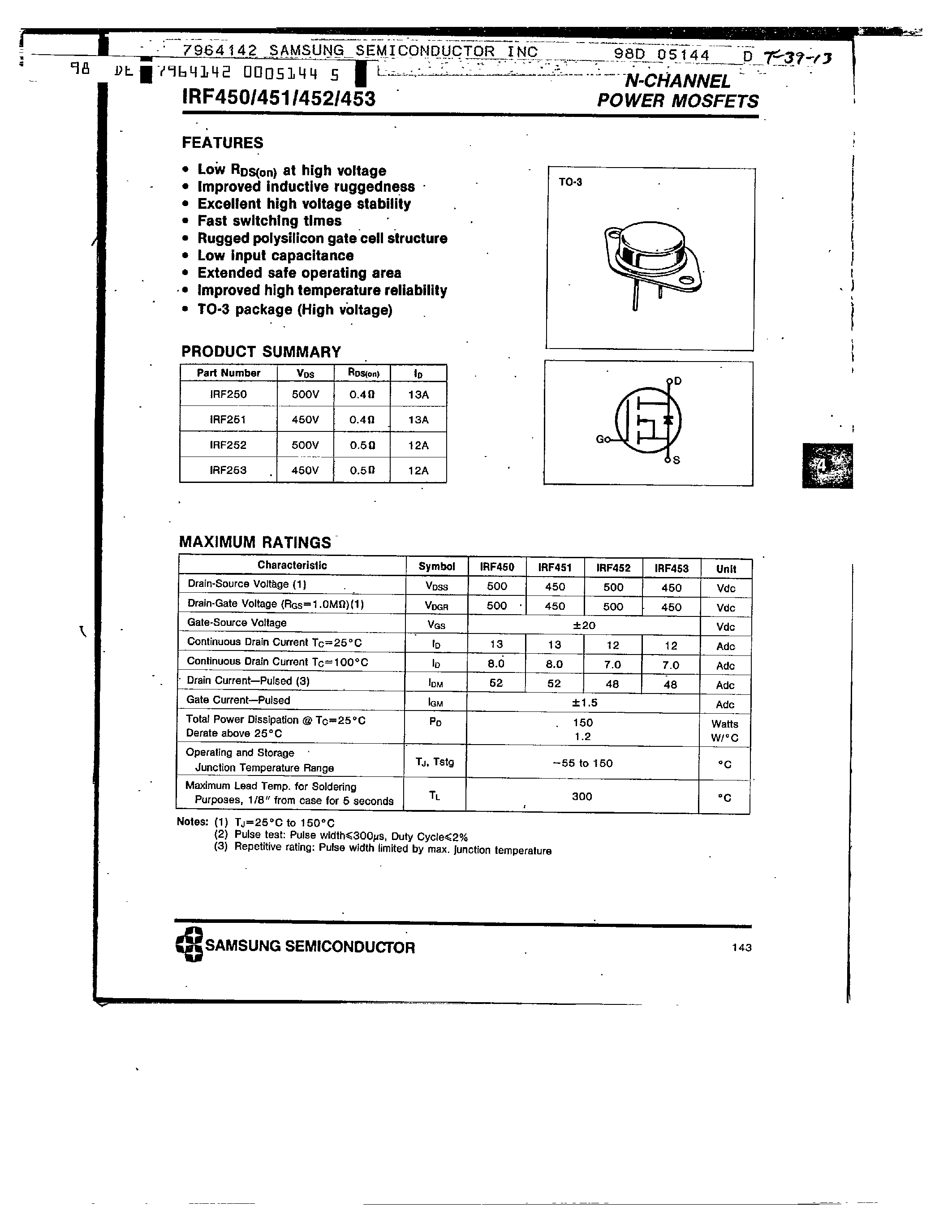 Datasheet IRF451 - N-CHANNEL POWER MOSFETS page 1