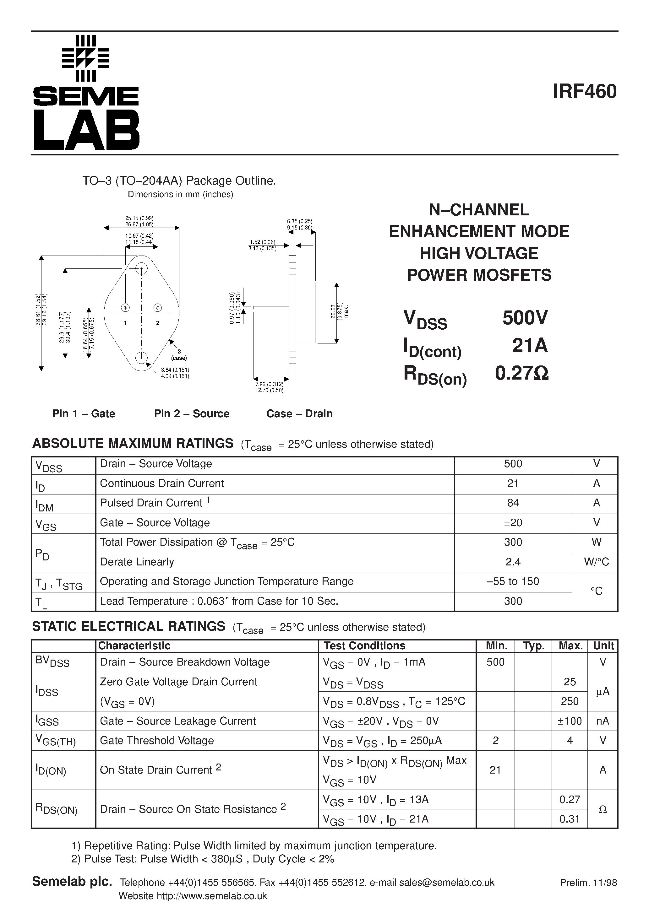 Даташит на микросхему IRF460 страница 1 Даташит IRF460 - N-CHANNEL ENHANCEMENT MODE HIGH VOLTAGE POWER MOSFETS страница 1
