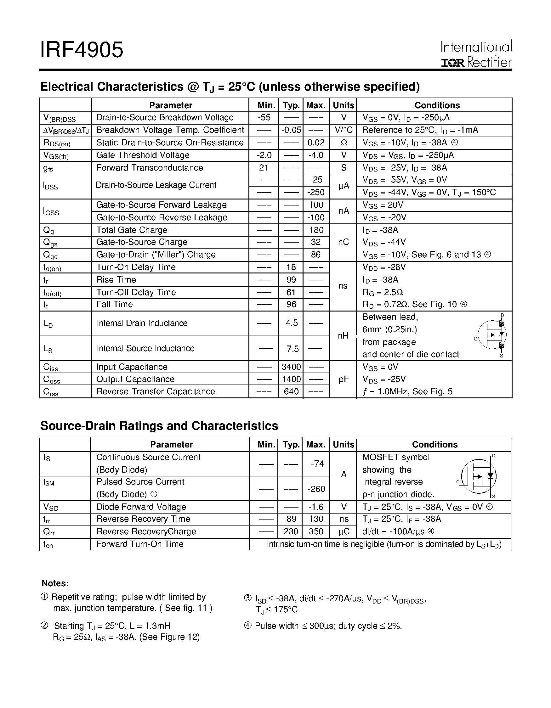 Даташит на микросхему IRF4905 страница 2 Даташит IRF4905 - Power MOSFET(Vdss=-55V/ Rds(on)=0.02ohm/ Id=-74A) страница 2
