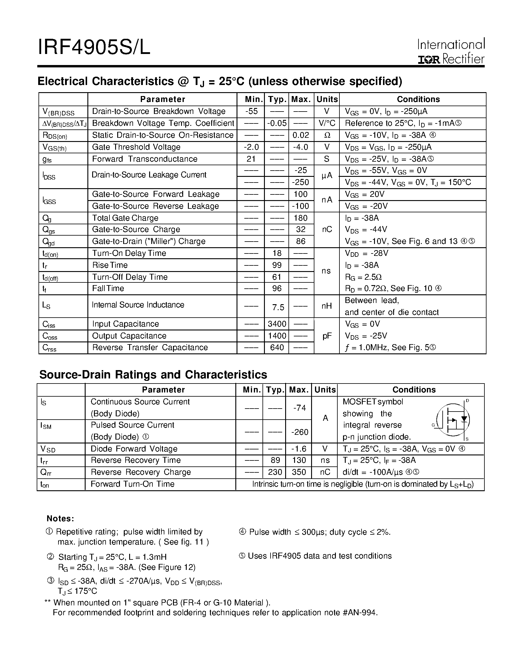 Datasheet IRF4905L - Power MOSFET(Vdss=-55V/ Rds(on)=0.02ohm/ Id=-74A) page 2