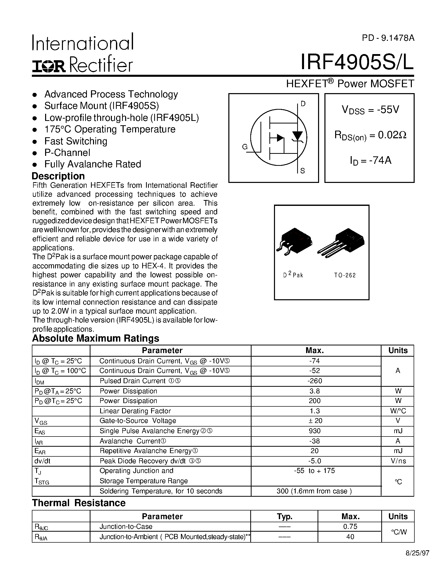 Datasheet IRF4905S - Power MOSFET(Vdss=-55V/ Rds(on)=0.02ohm/ Id=-74A) page 1