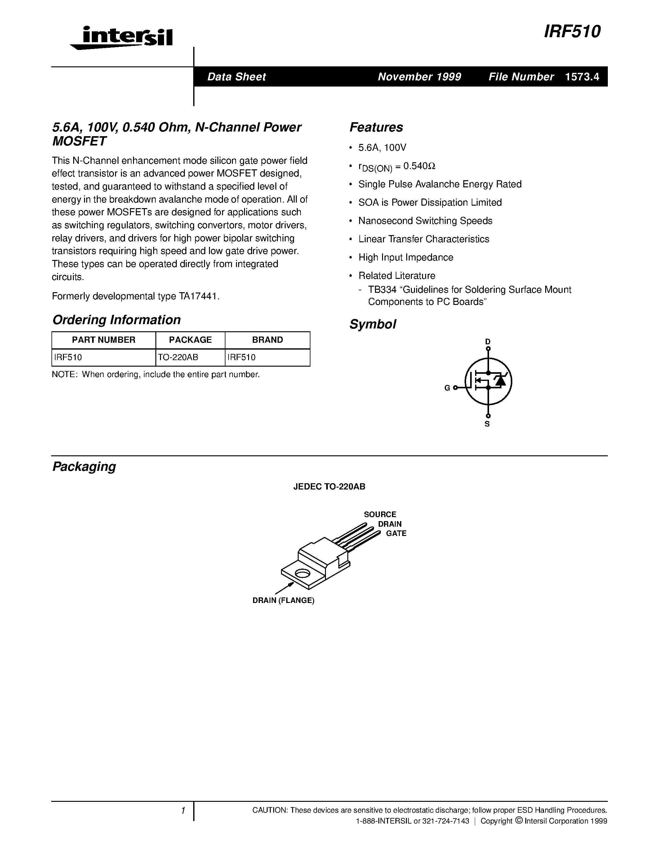 Datasheet IRF510 page 1 Datasheet IRF510 - 5.6A/ 100V/ 0.540 Ohm/ N-Channel Power MOSFET page 1