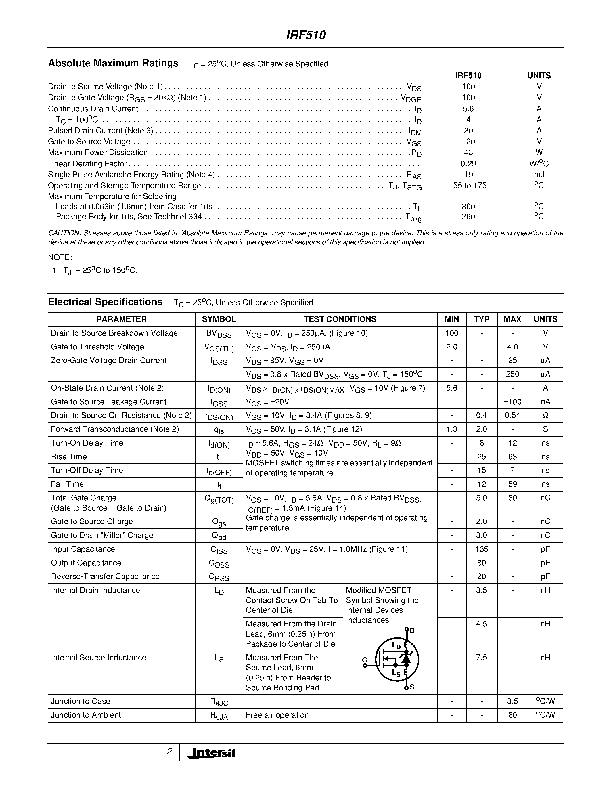 Datasheet IRF510 page 2 Datasheet IRF510 - 5.6A/ 100V/ 0.540 Ohm/ N-Channel Power MOSFET page 2