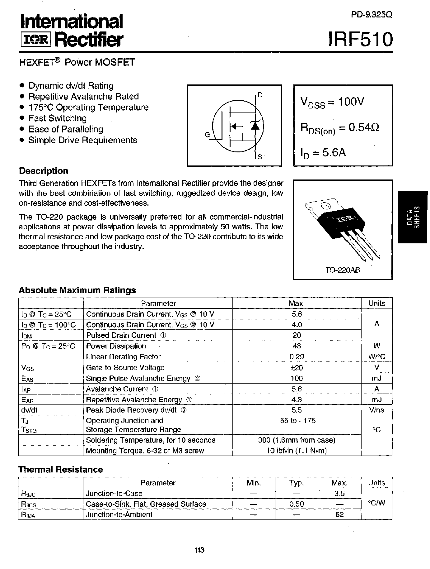 Datasheet IRF510 page 1 Datasheet IRF510 - Power MOSFET(Vdss=100V/ Rds(on)=0.54ohm/ Id=5.6A) page 1