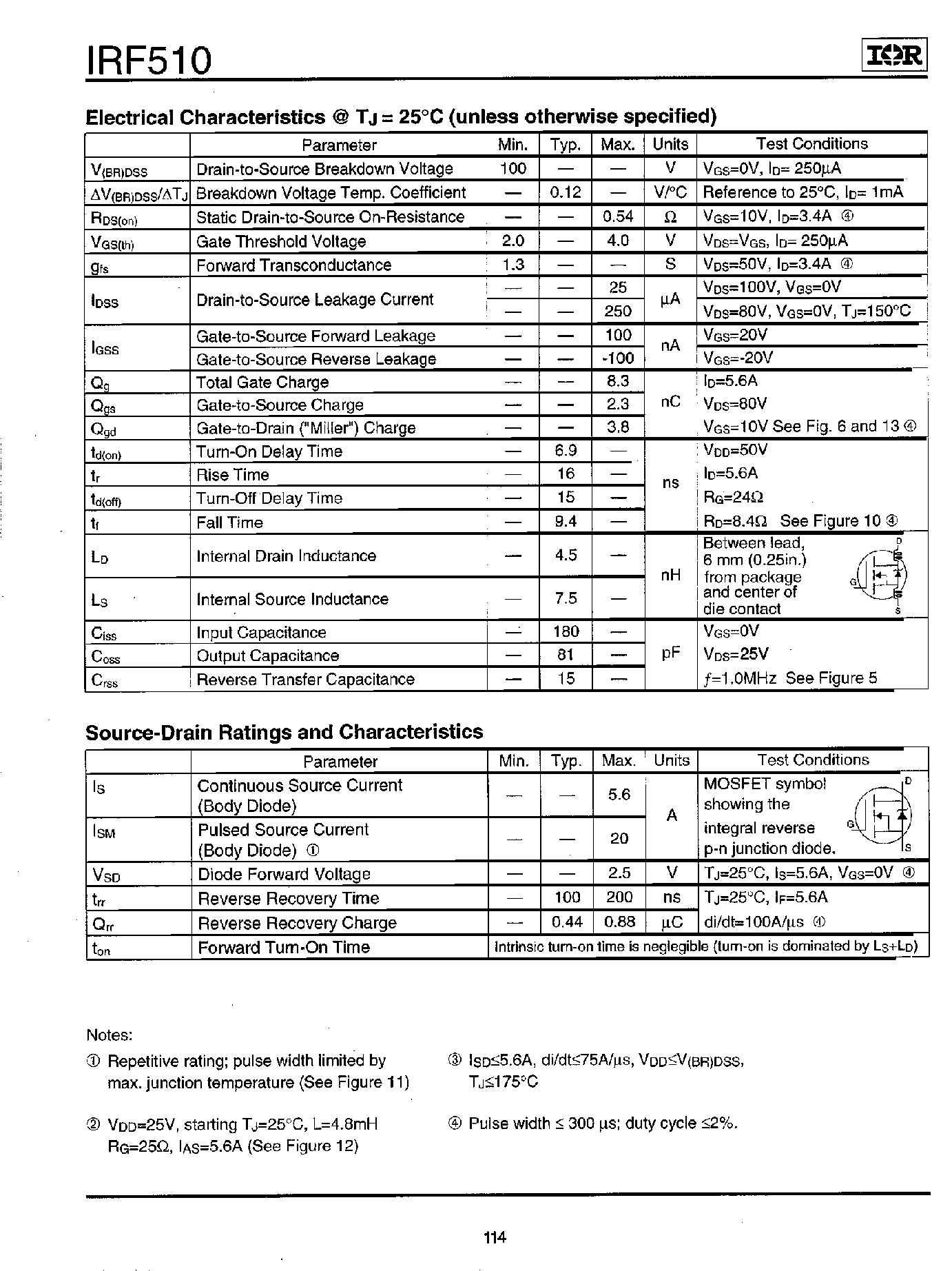 Datasheet IRF510 page 2 Datasheet IRF510 - Power MOSFET(Vdss=100V/ Rds(on)=0.54ohm/ Id=5.6A) page 2