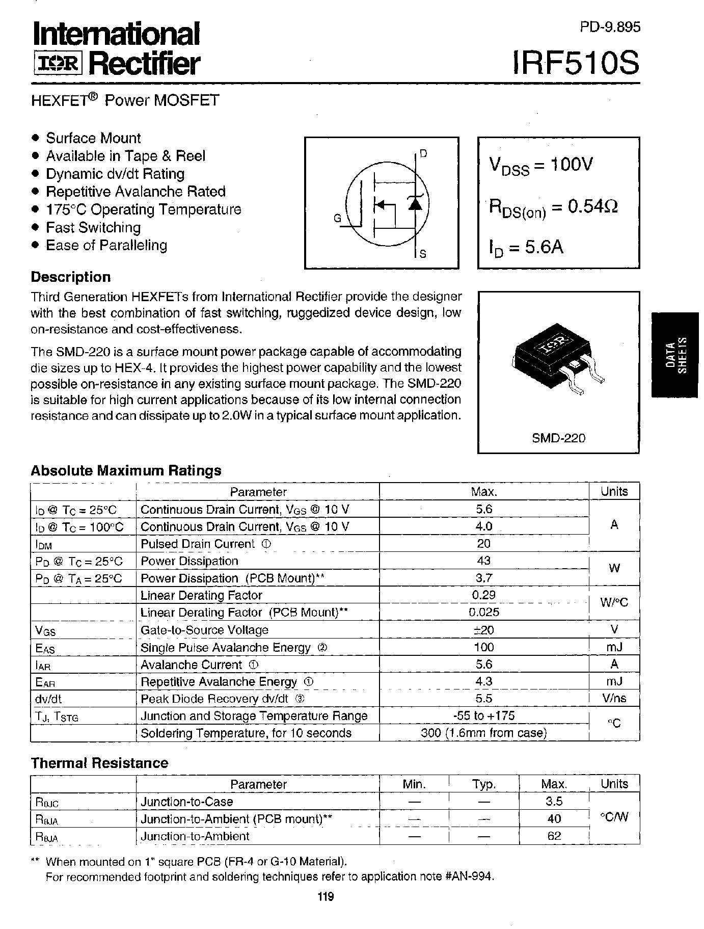Даташит на микросхему IRF510S страница 1 Даташит IRF510S - Power MOSFET(Vdss=100V/ Rds(on)=0.54ohm/ Id=5.6A) страница 1