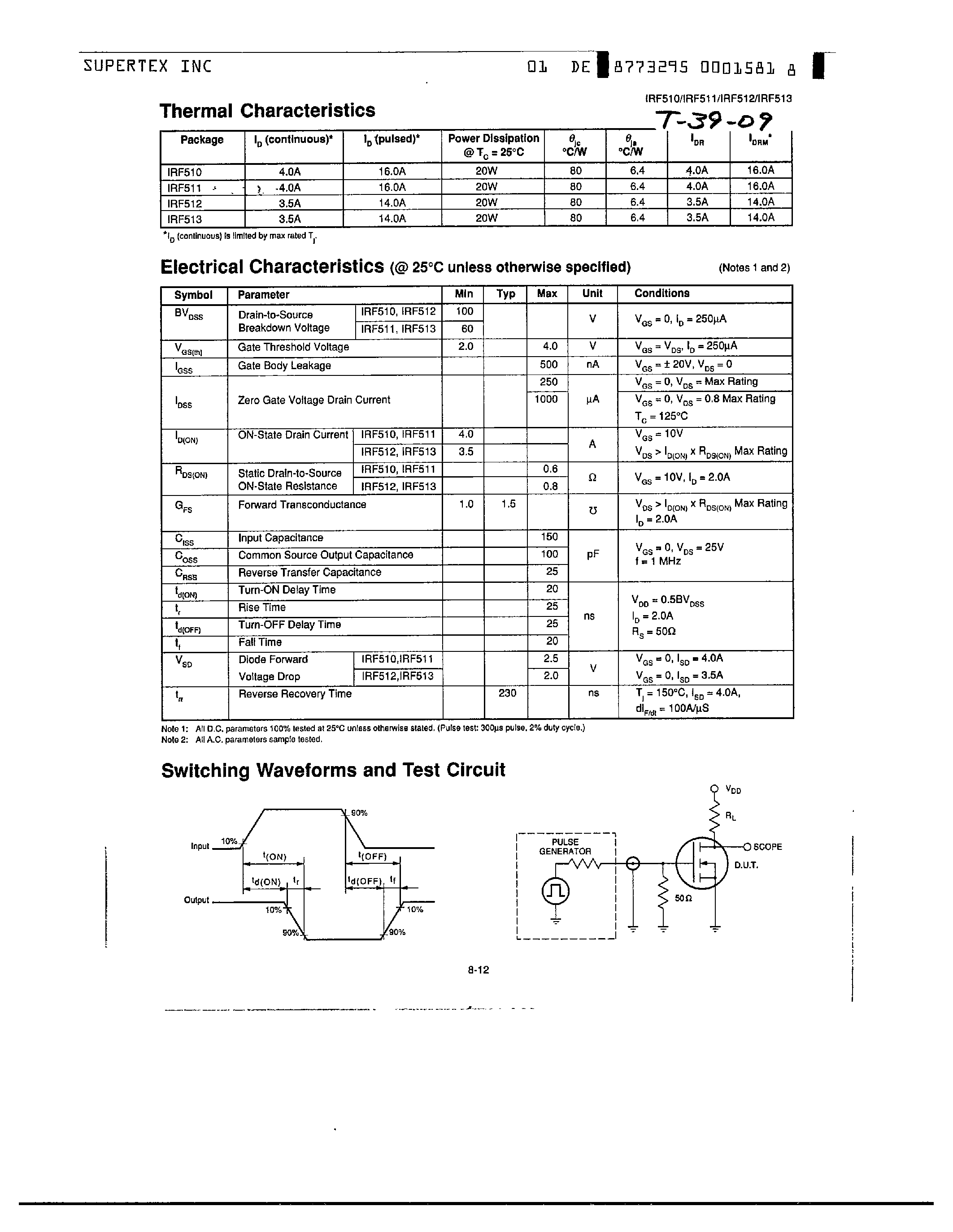 Datasheet IRF511 page 2 Datasheet IRF511 - N-Channel Enhancement-Mode Vertical DMOS Power FETs page 2