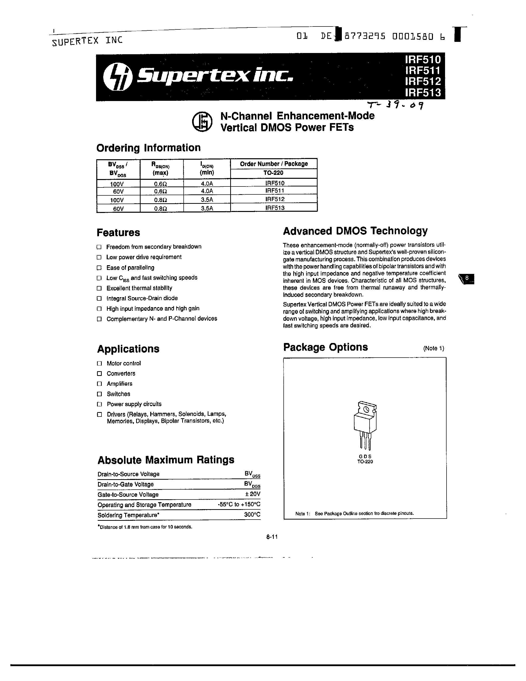 Datasheet IRF512 - N-Channel Enhancement-Mode Vertical DMOS Power FETs page 1