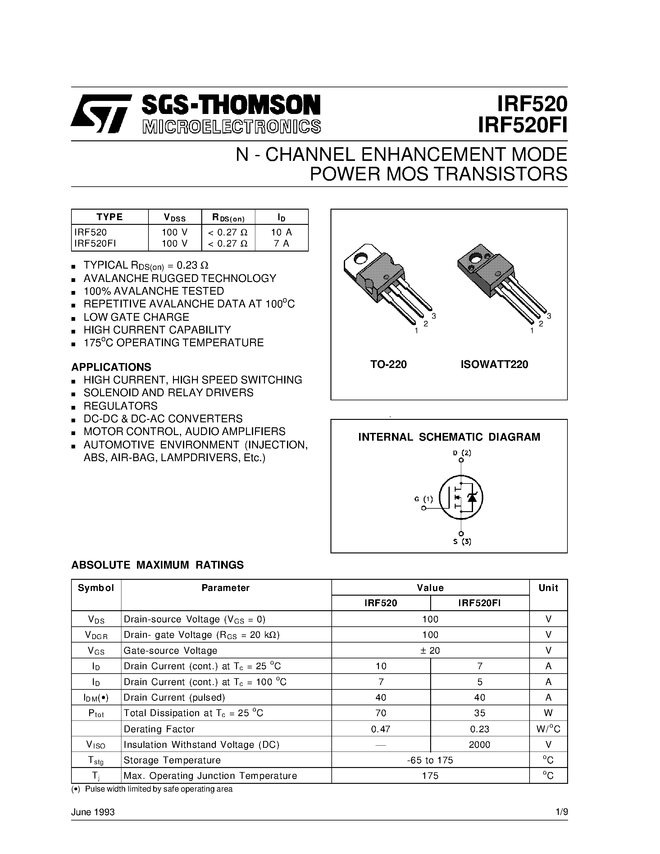 Datasheet IRF520 - N - CHANNEL ENHANCEMENT MODE POWER MOS TRANSISTORS page 1