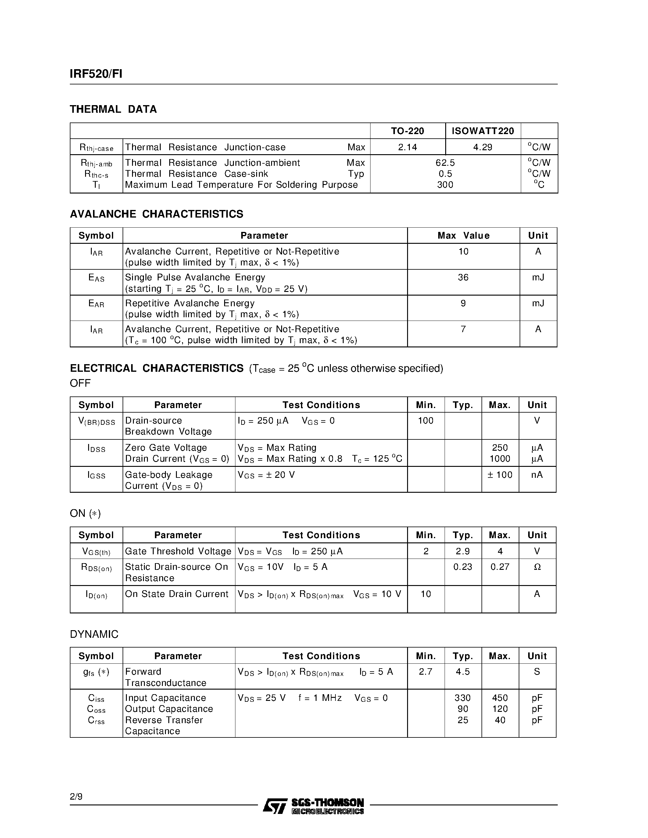Datasheet IRF520 - N - CHANNEL ENHANCEMENT MODE POWER MOS TRANSISTORS page 2