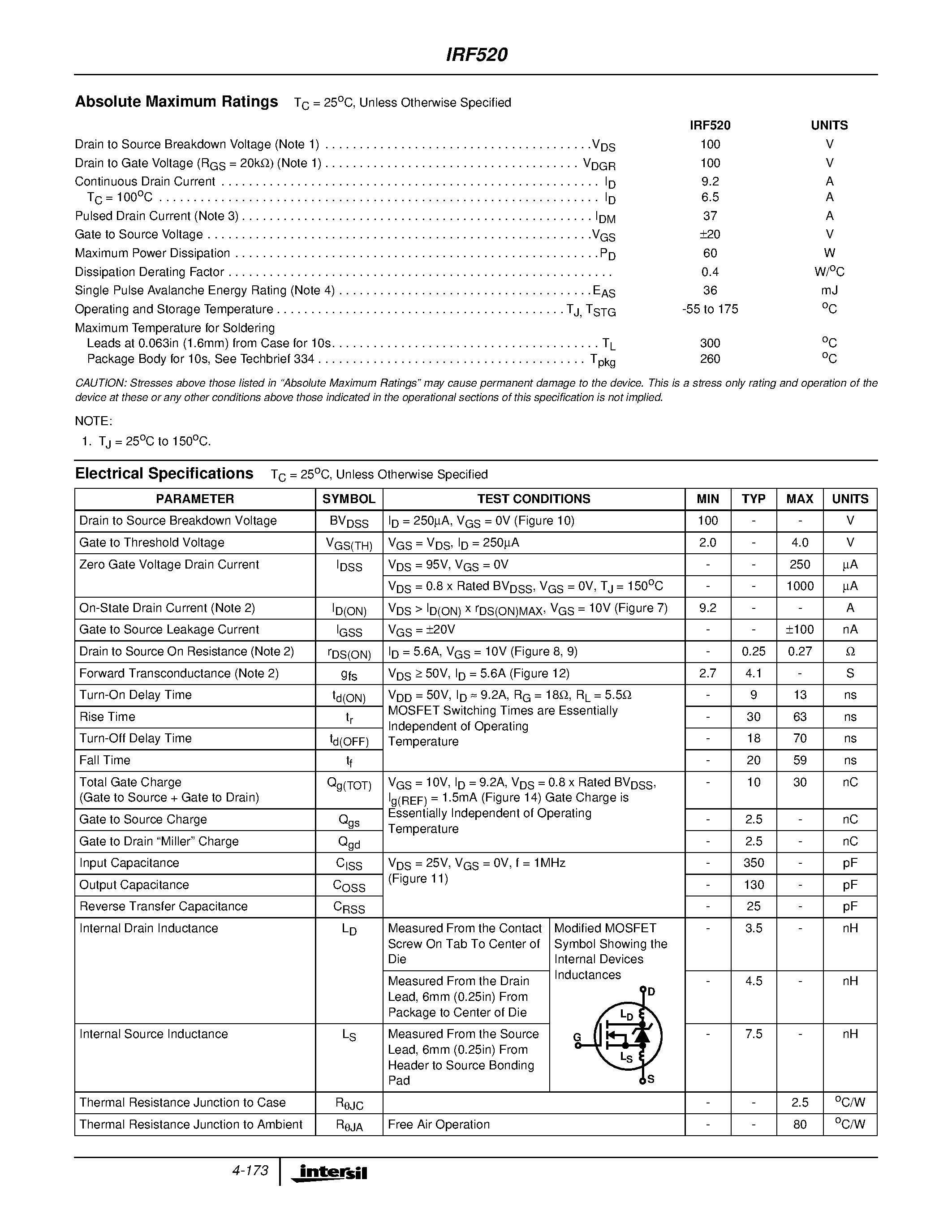 Datasheet IRF520 - 9.2A/ 100V/ 0.270 Ohm/ N-Channel Power MOSFET page 2