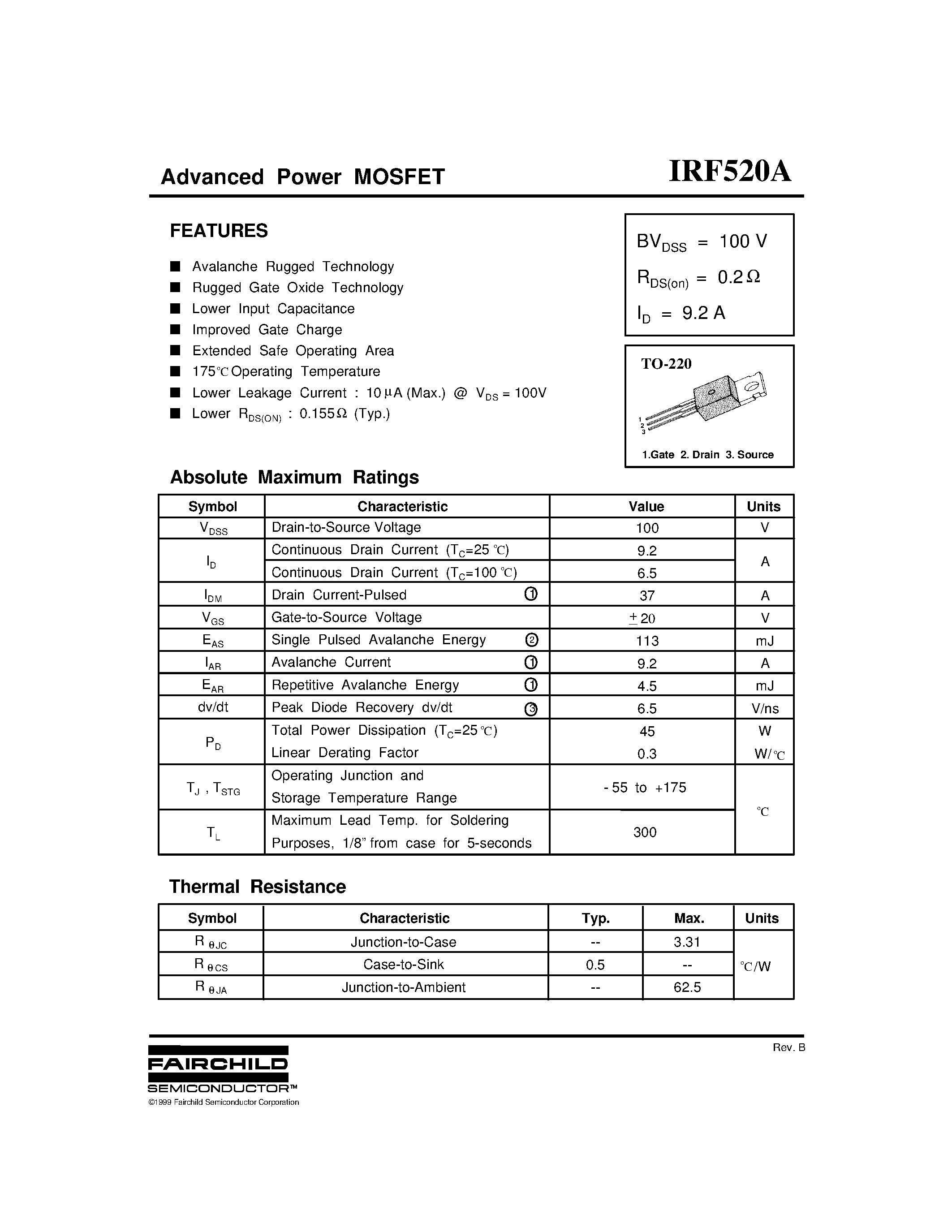 Datasheet IRF520A page 1 Datasheet IRF520A - Advanced Power MOSFET page 1