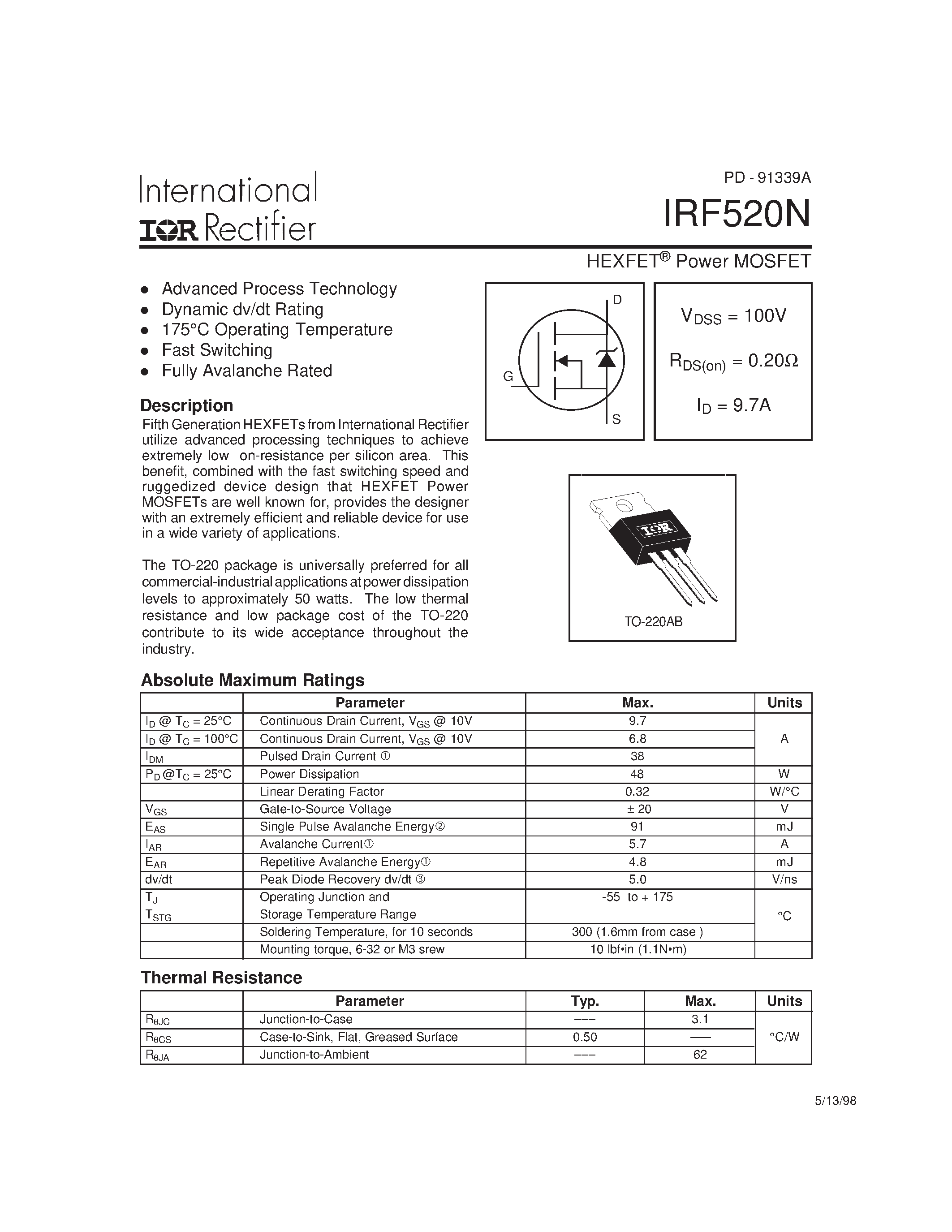 Datasheet IRF520N page 1 Datasheet IRF520N - Power MOSFET(Vdss = 100 V/ Rds(on) = 0.20 Ohm/ Id= 9.7A) page 1