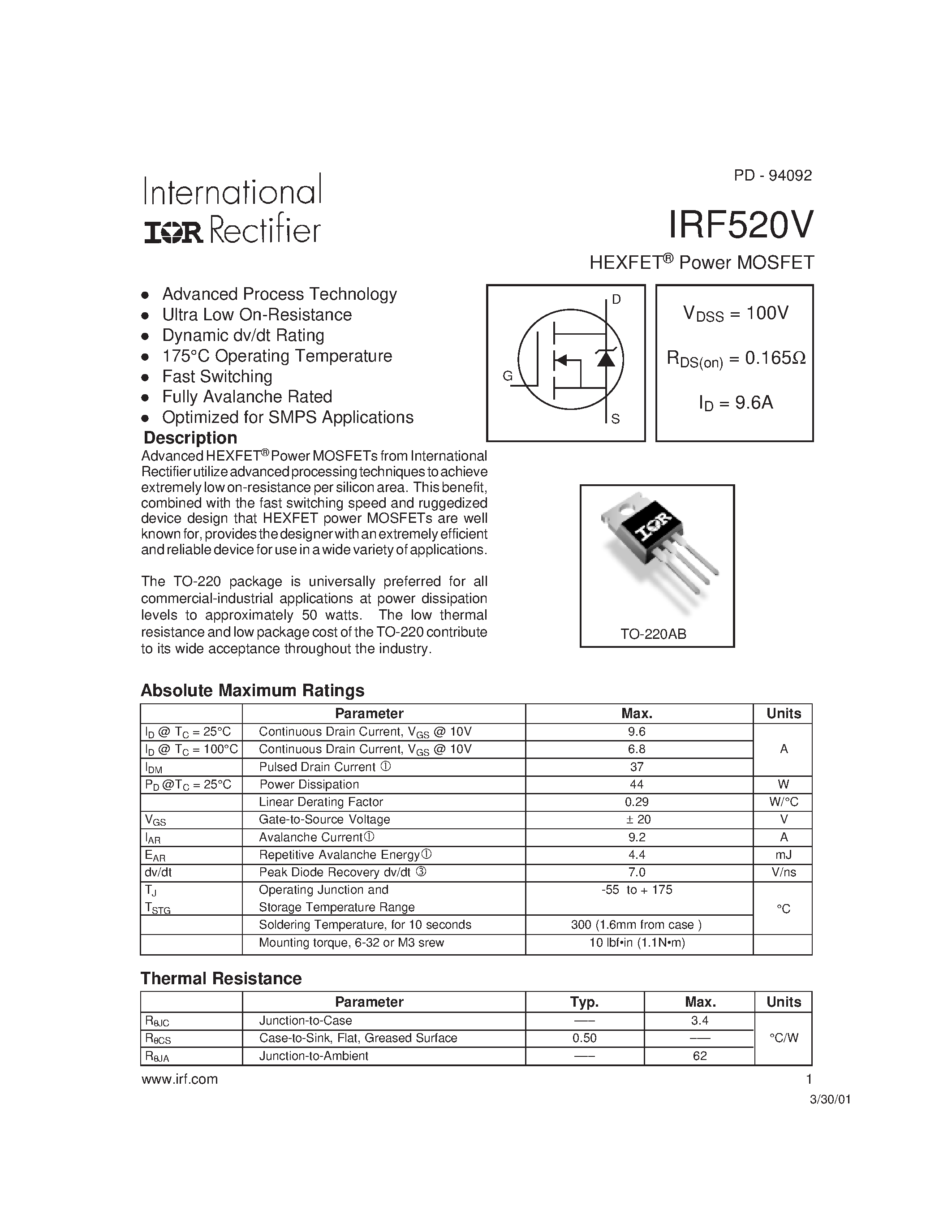 Datasheet IRF520V - Power MOSFET(Vdss=100V/ Rds(on)=0.165ohm/ Id=9.6A) page 1