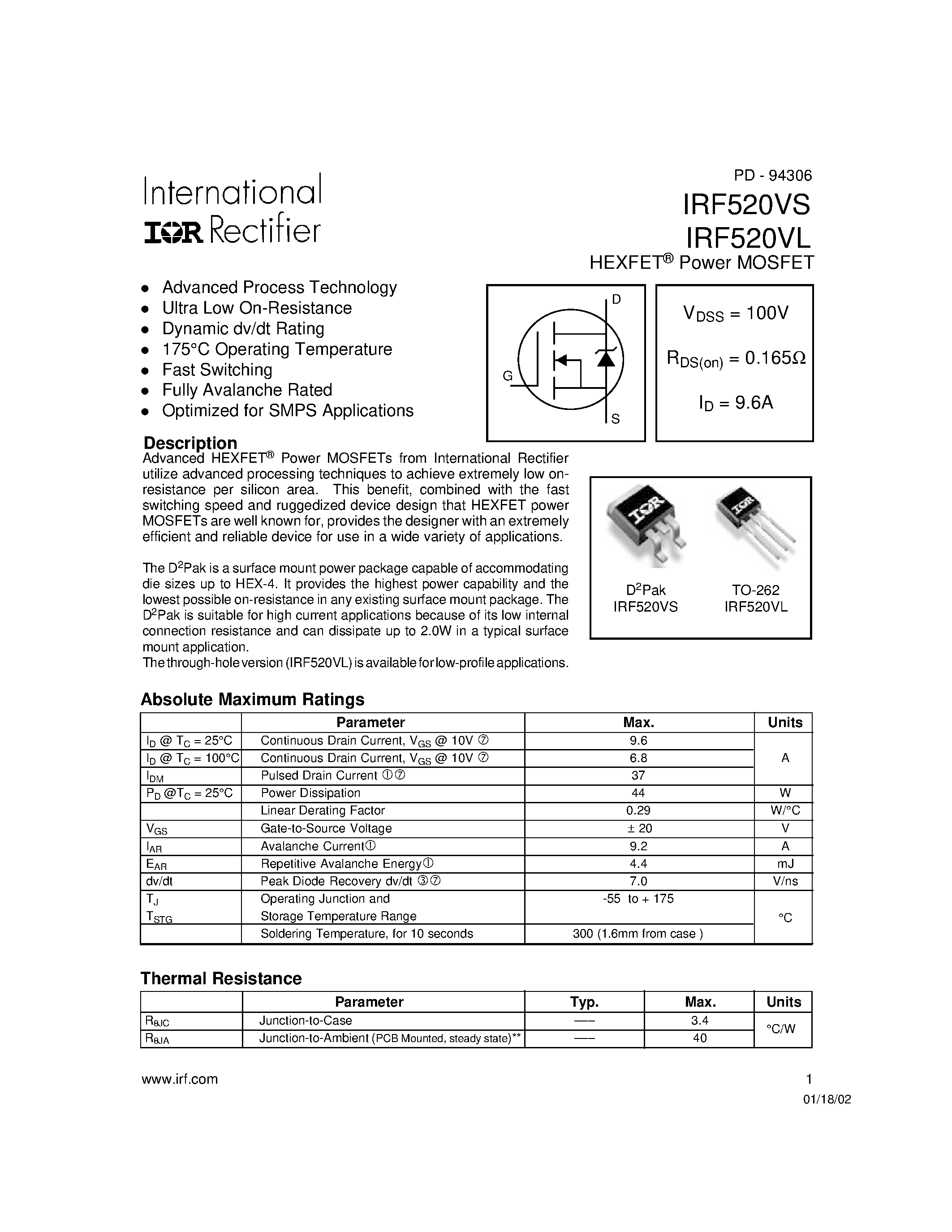 Datasheet IRF520VS page 1 Datasheet IRF520VS - Power MOSFET(Vdss=100V/ Rds(on)=0.165ohm/ Id=9.6A) page 1
