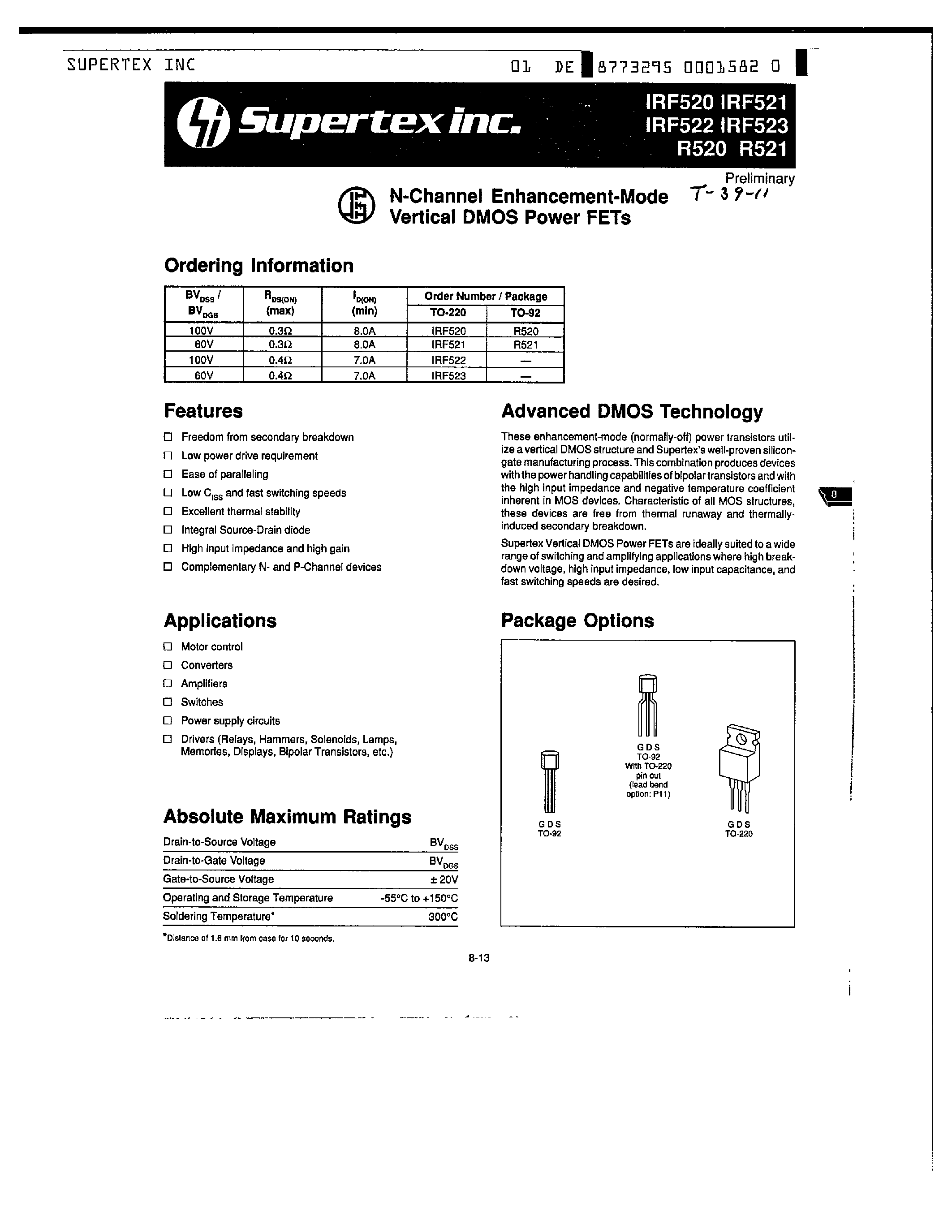 Datasheet IRF521 - N - CHANNEL ENHANCEMENT MODE VERTICAL DMOS POWER FETs page 1