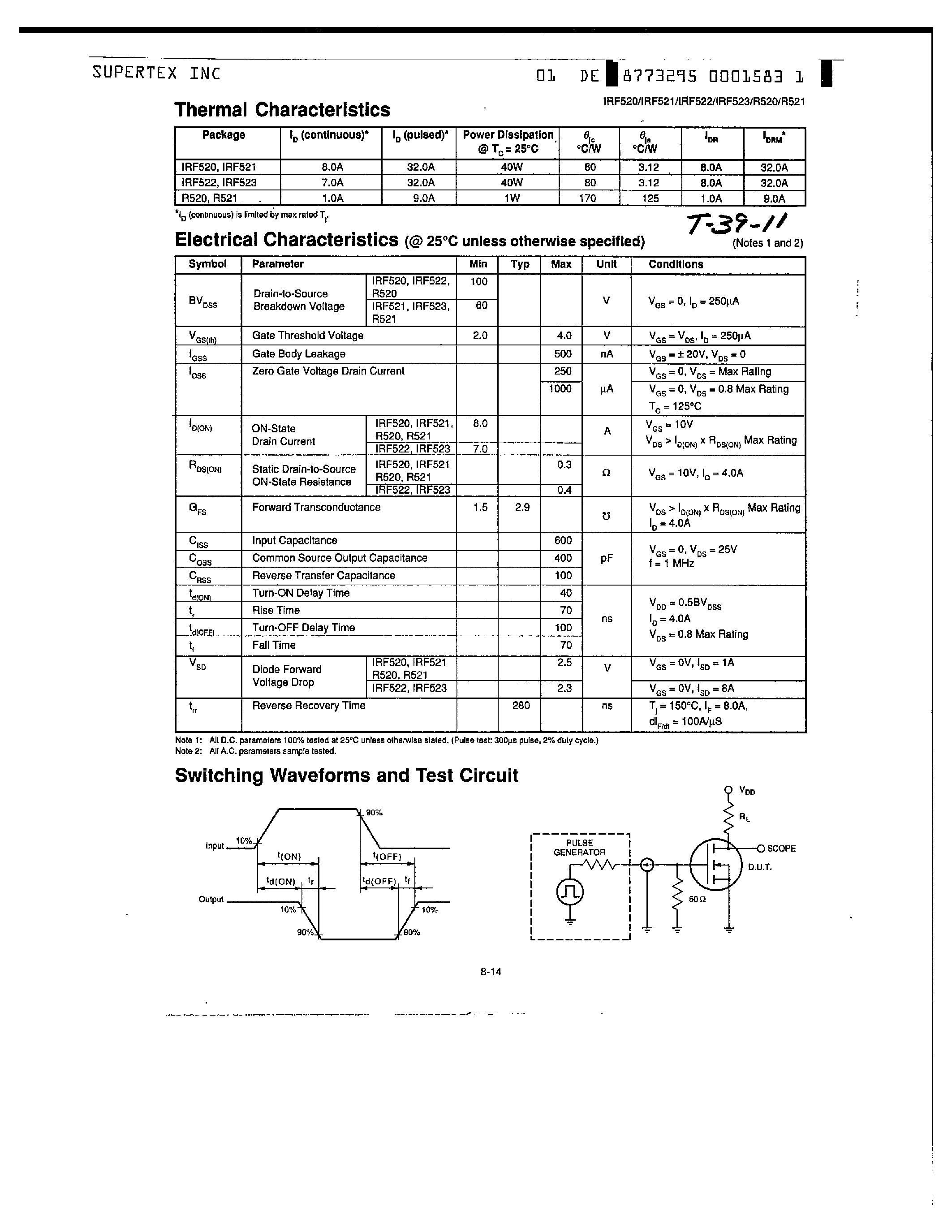Datasheet IRF522 page 2 Datasheet IRF522 - N - CHANNEL ENHANCEMENT MODE VERTICAL DMOS POWER FETs page 2