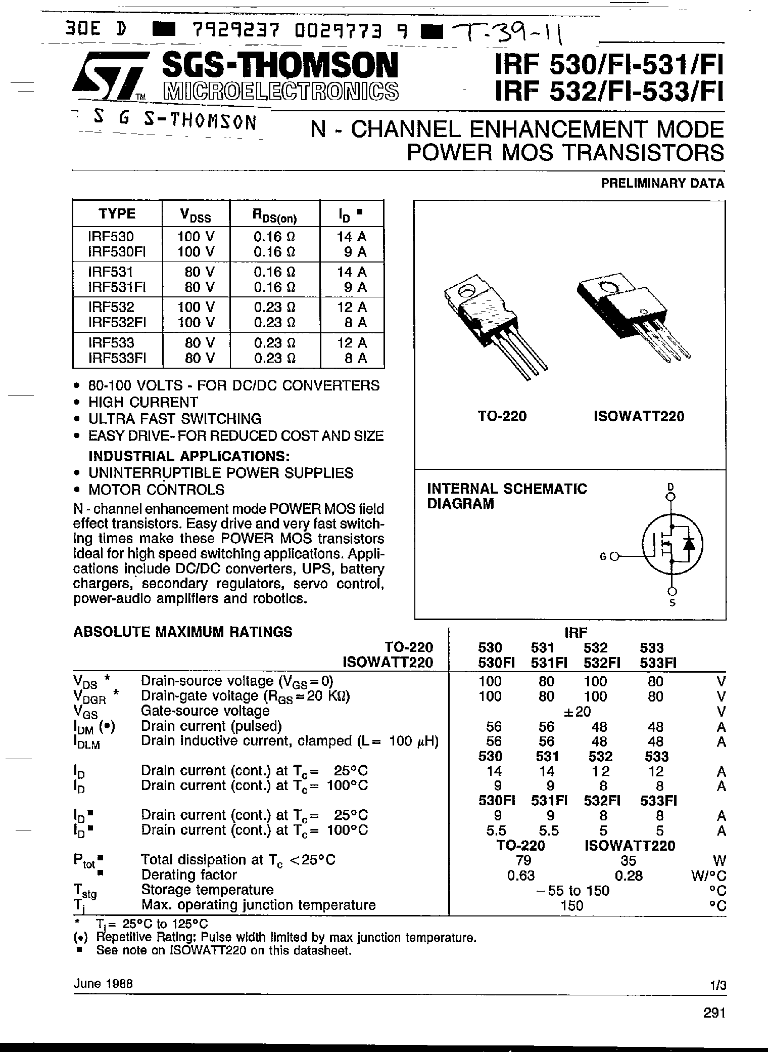 Datasheet IRF530 page 1 Datasheet IRF530 - N - CHANNEL ENHANCEMENT MODE POWER MOS TRANSISTOR page 1