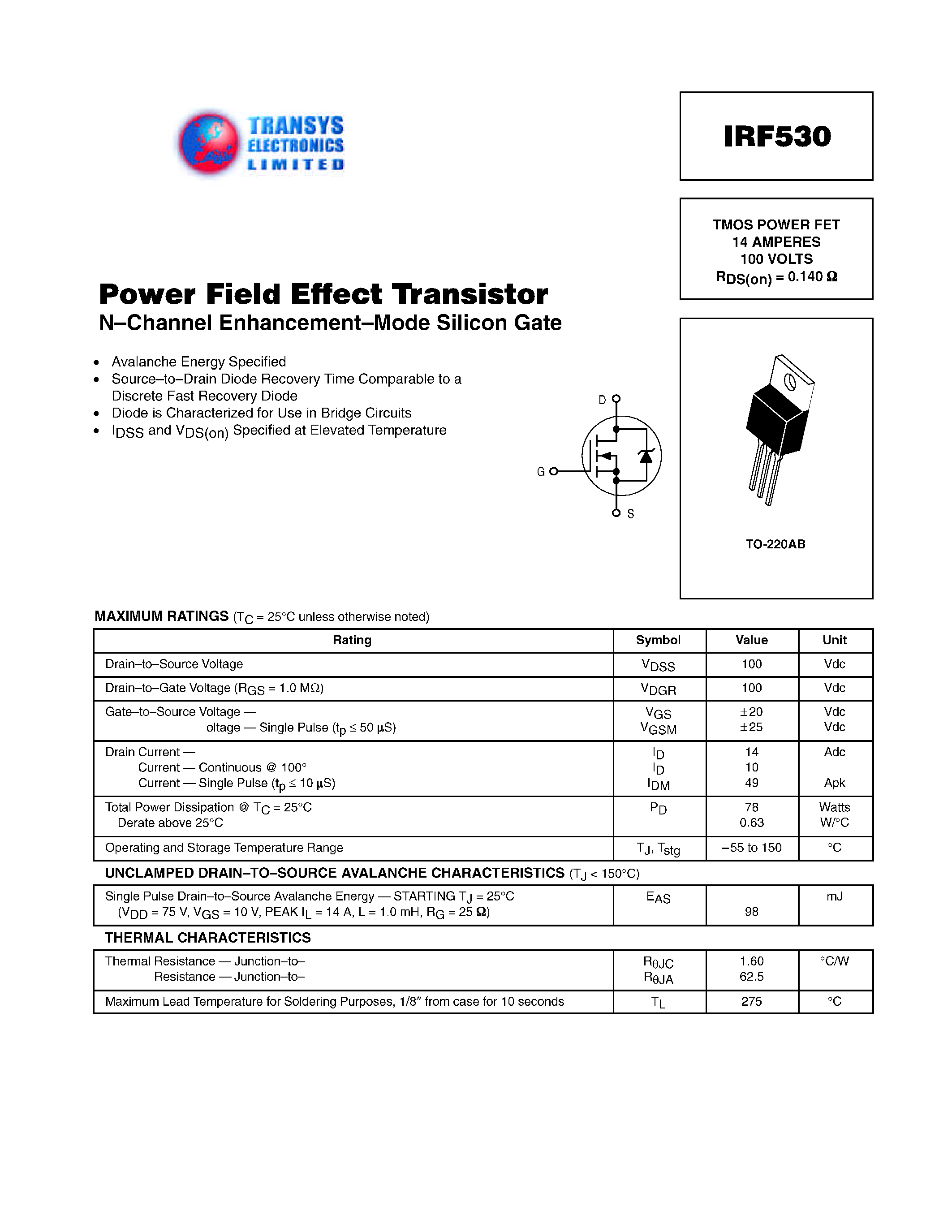 Datasheet IRF530 - N-CHANNEL ENHANCEMENT-MODE SILICON GATE page 1