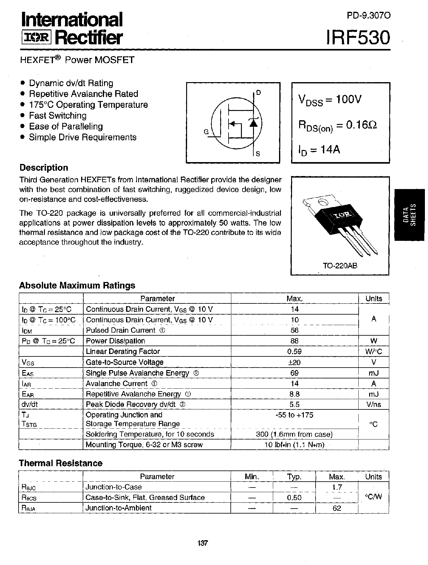 Datasheet IRF530 - Power MOSFET(Vdss=100V/ Rds(on)=0.16ohm/ Id=14A) page 1