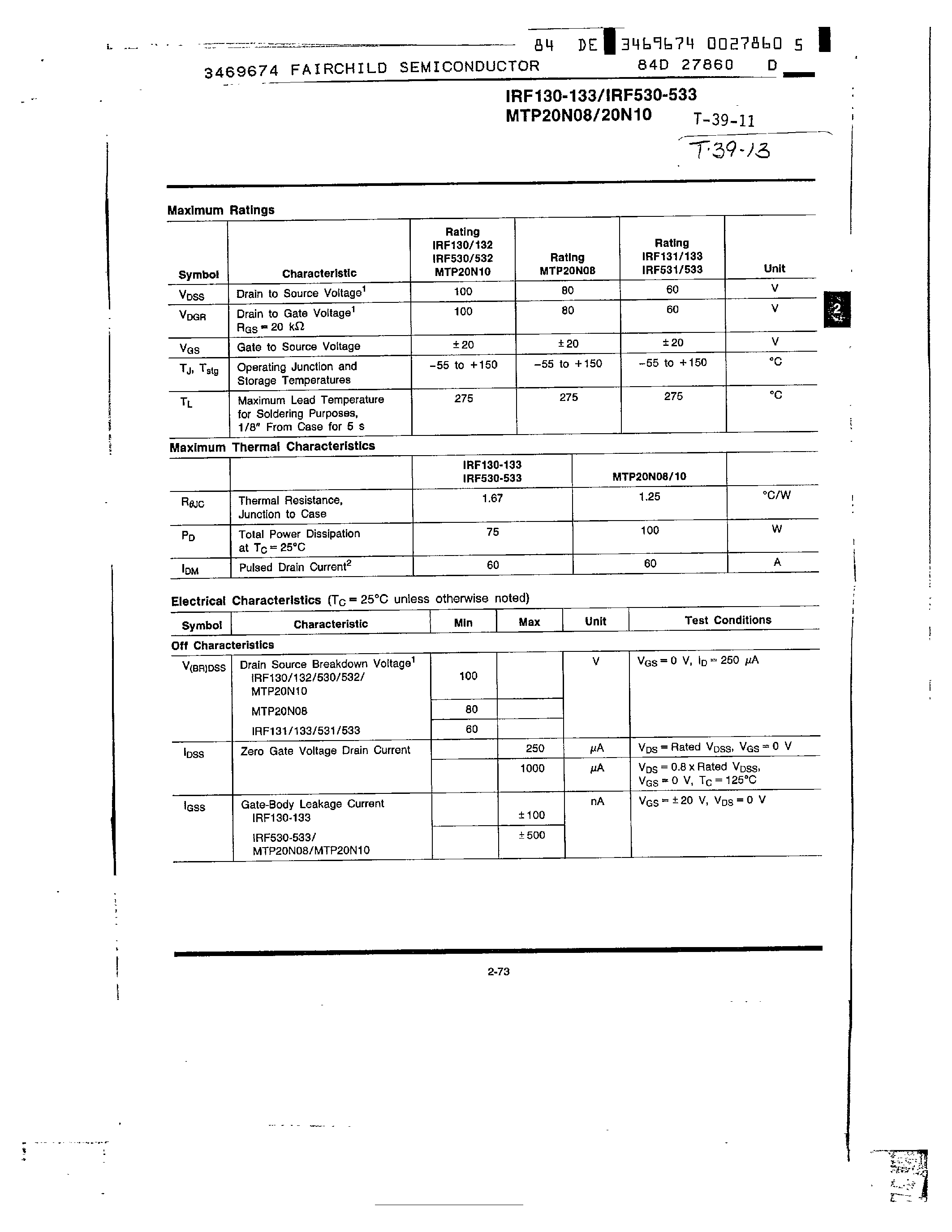 Datasheet IRF530 - N-Channel Power MOSFETs/ 20 A/ 60-100 V page 2
