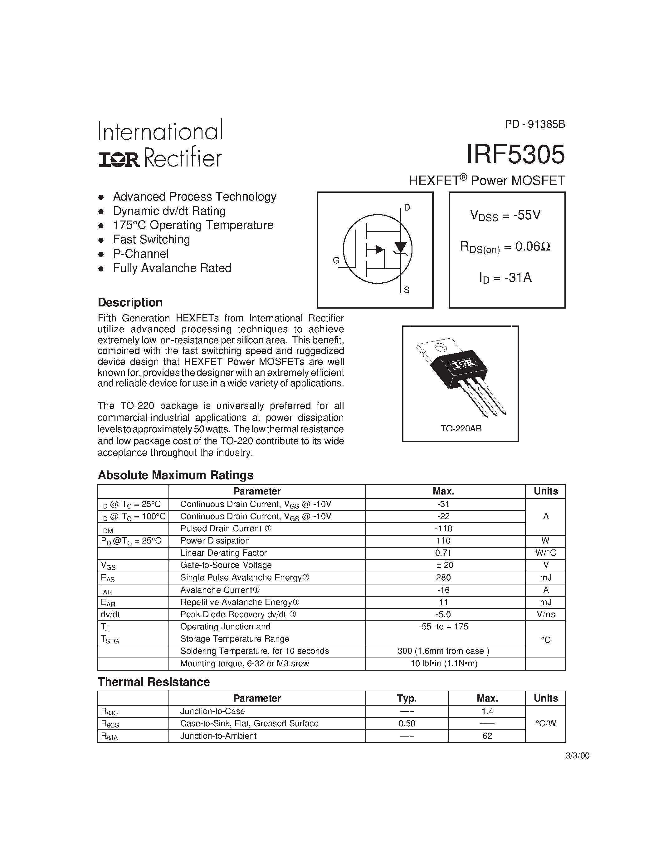 Datasheet IRF5305 - Power MOSFET(Vdss=-55V/ Rds(on)=0.06ohm/ Id=-31A) page 1