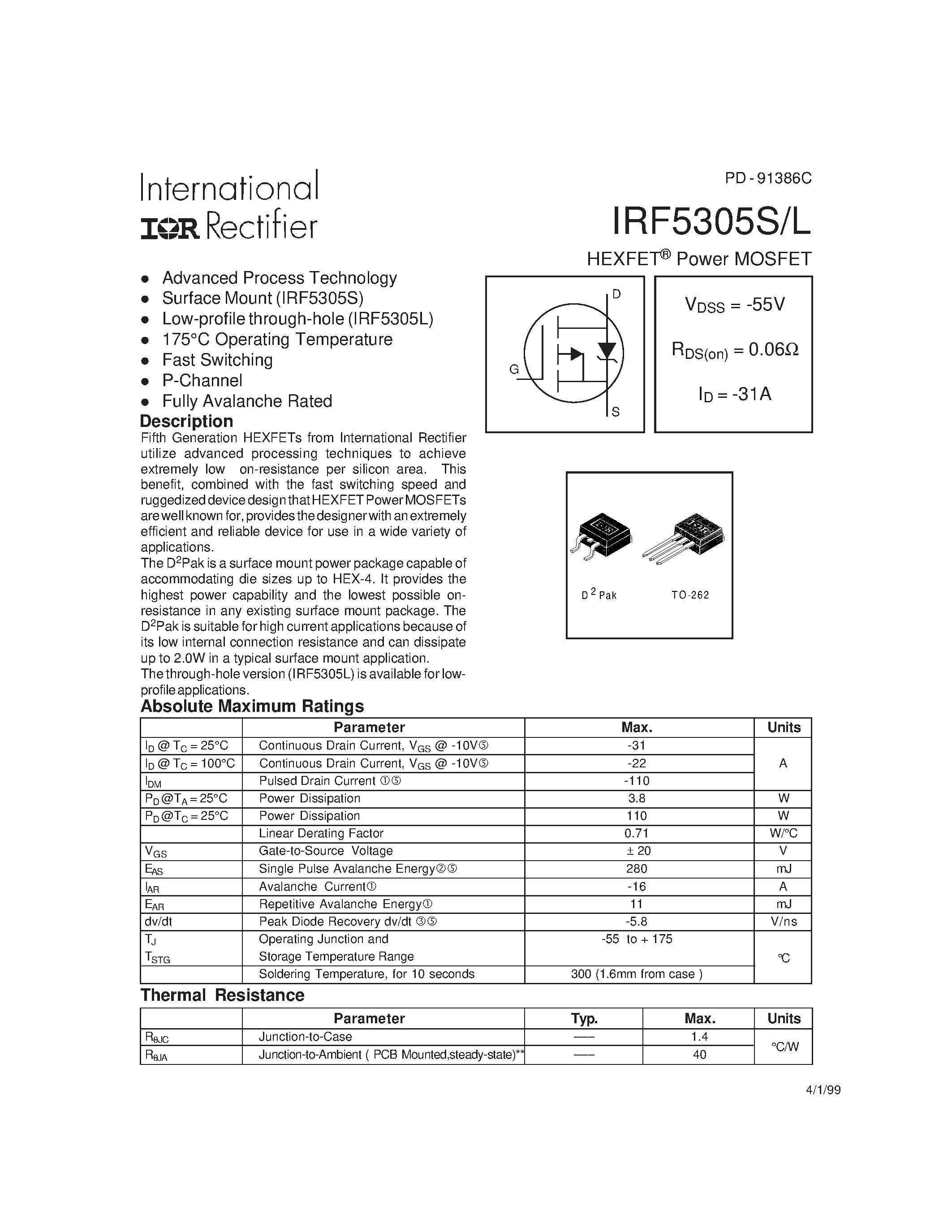 Datasheet IRF5305S - Power MOSFET(Vdss=-55V/ Rds(on)=0.06ohm/ Id=-31A) page 1