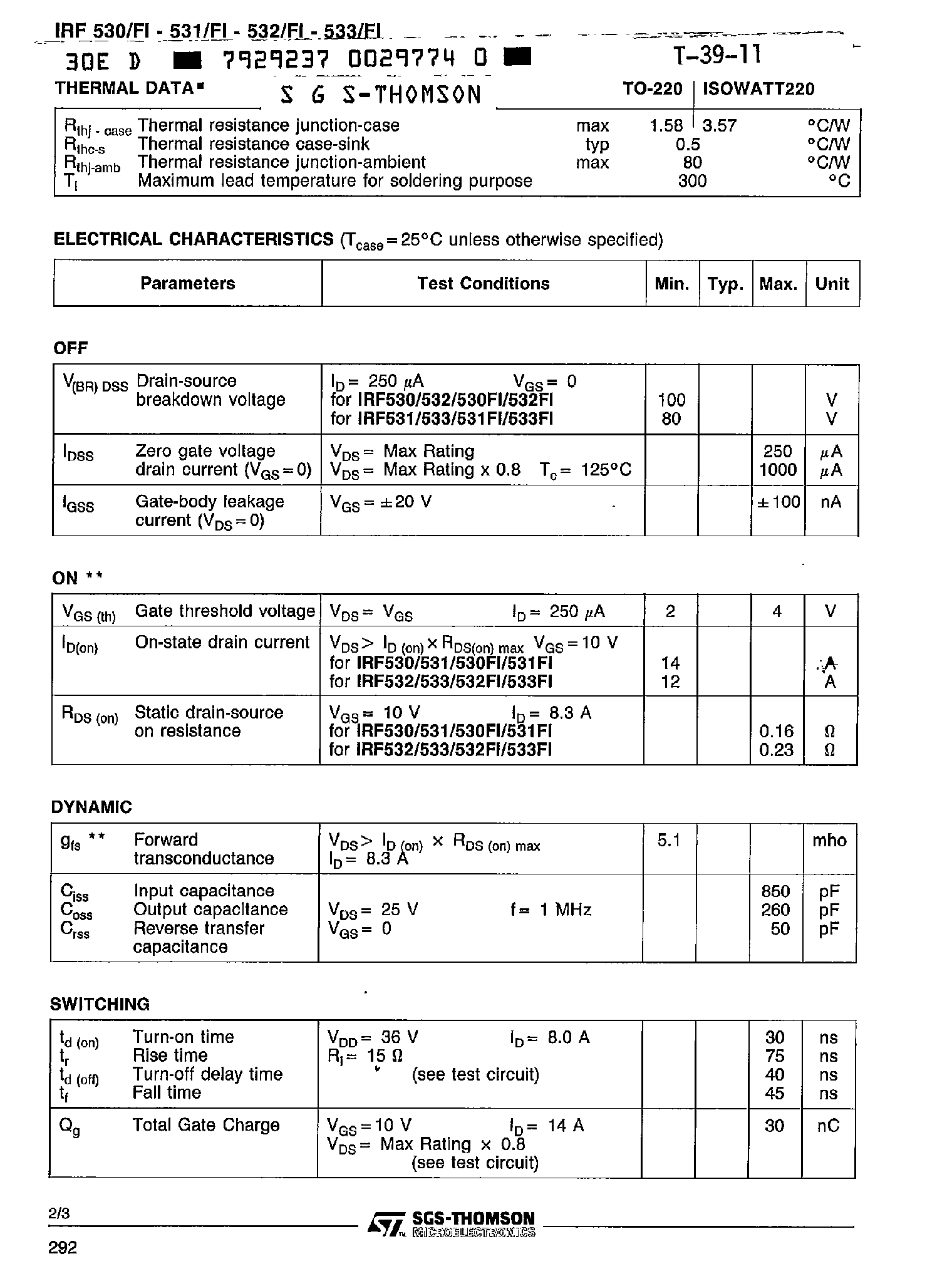 Datasheet IRF530FI page 2 Datasheet IRF530FI - N - CHANNEL ENHANCEMENT MODE POWER MOS TRANSISTOR page 2