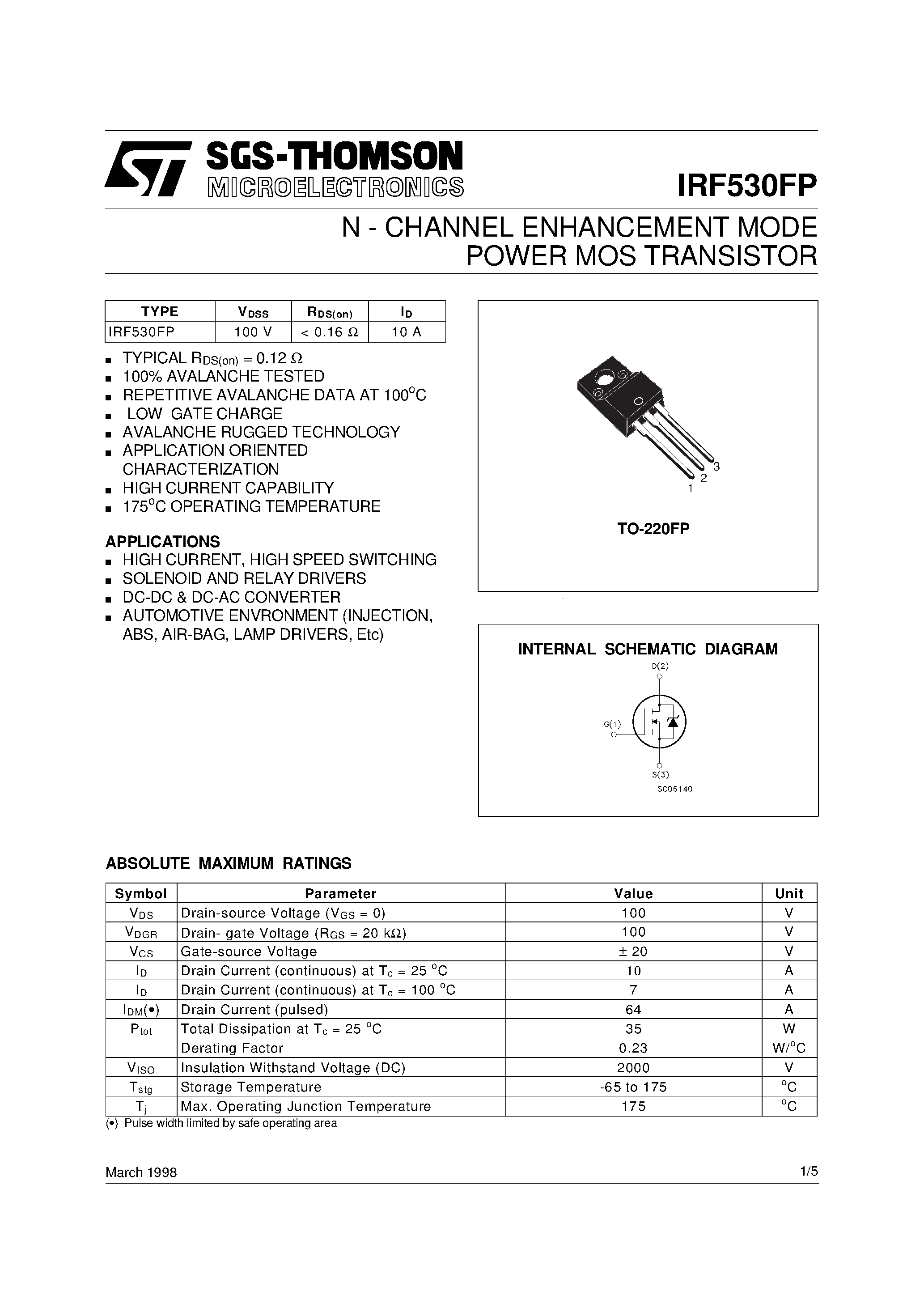 Datasheet IRF530FP page 1 Datasheet IRF530FP - N - CHANNEL ENHANCEMENT MODE POWER MOS TRANSISTOR page 1