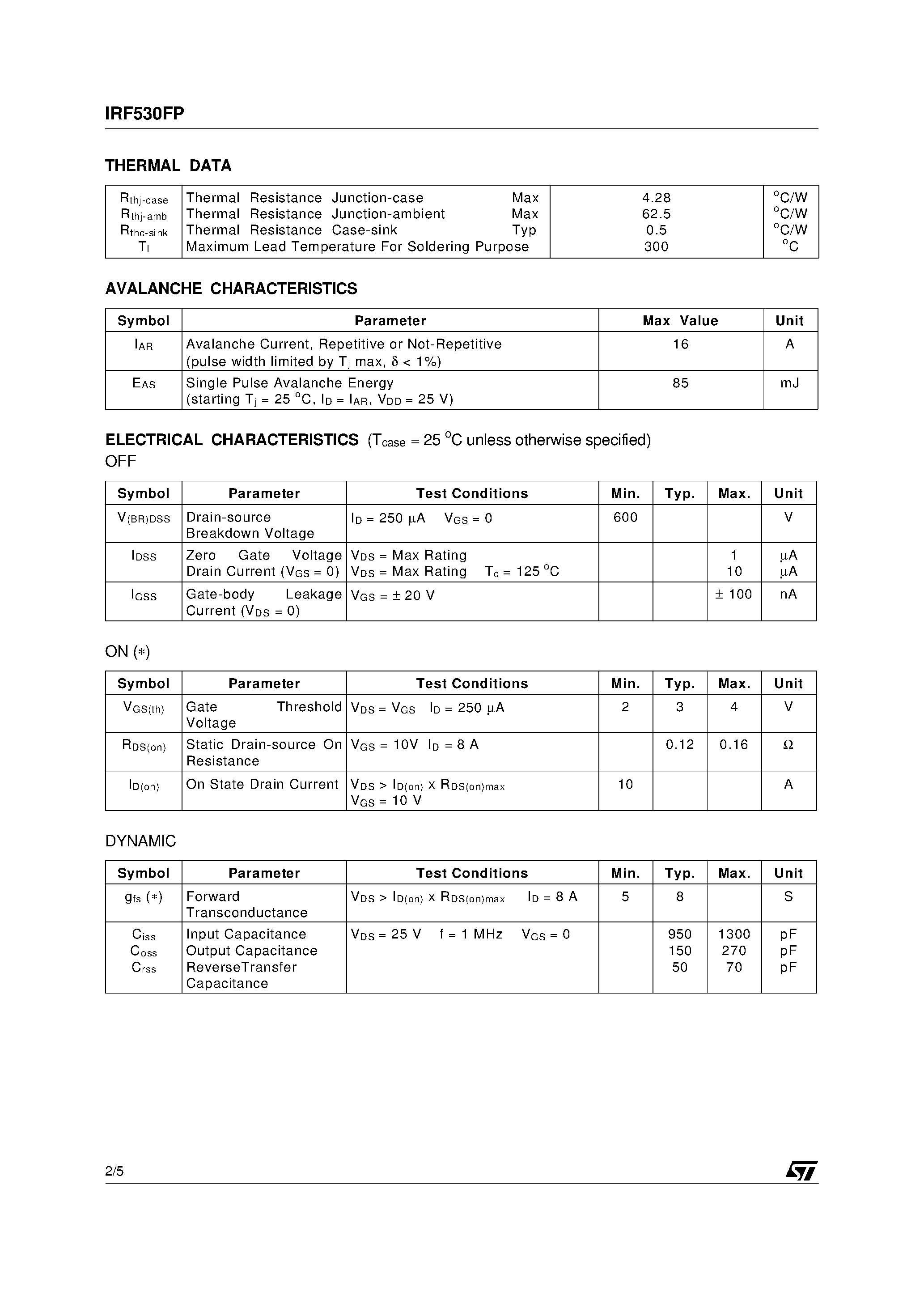 Datasheet IRF530FP page 2 Datasheet IRF530FP - N - CHANNEL ENHANCEMENT MODE POWER MOS TRANSISTOR page 2