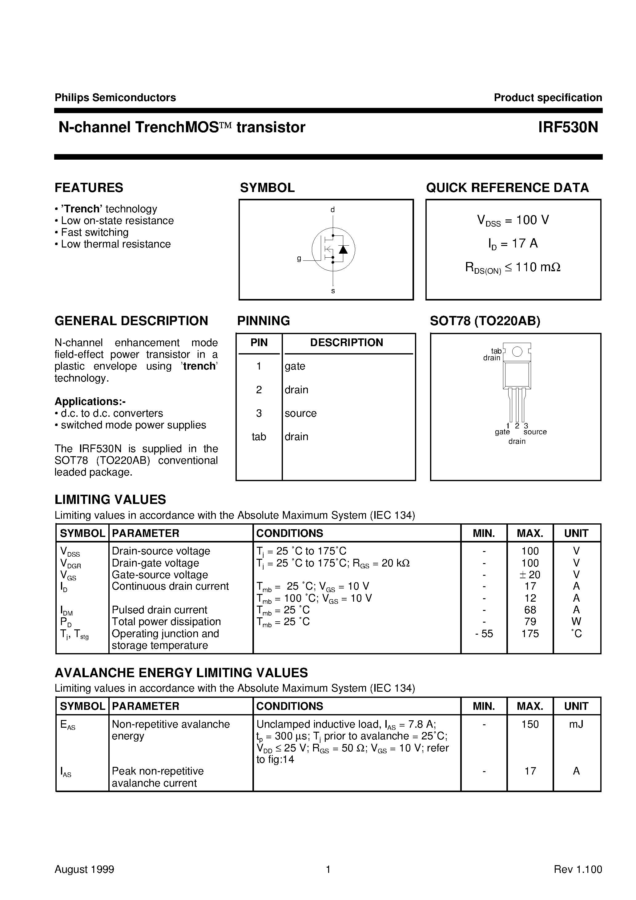 Datasheet IRF530N - N-channel TrenchMOS transistor page 1