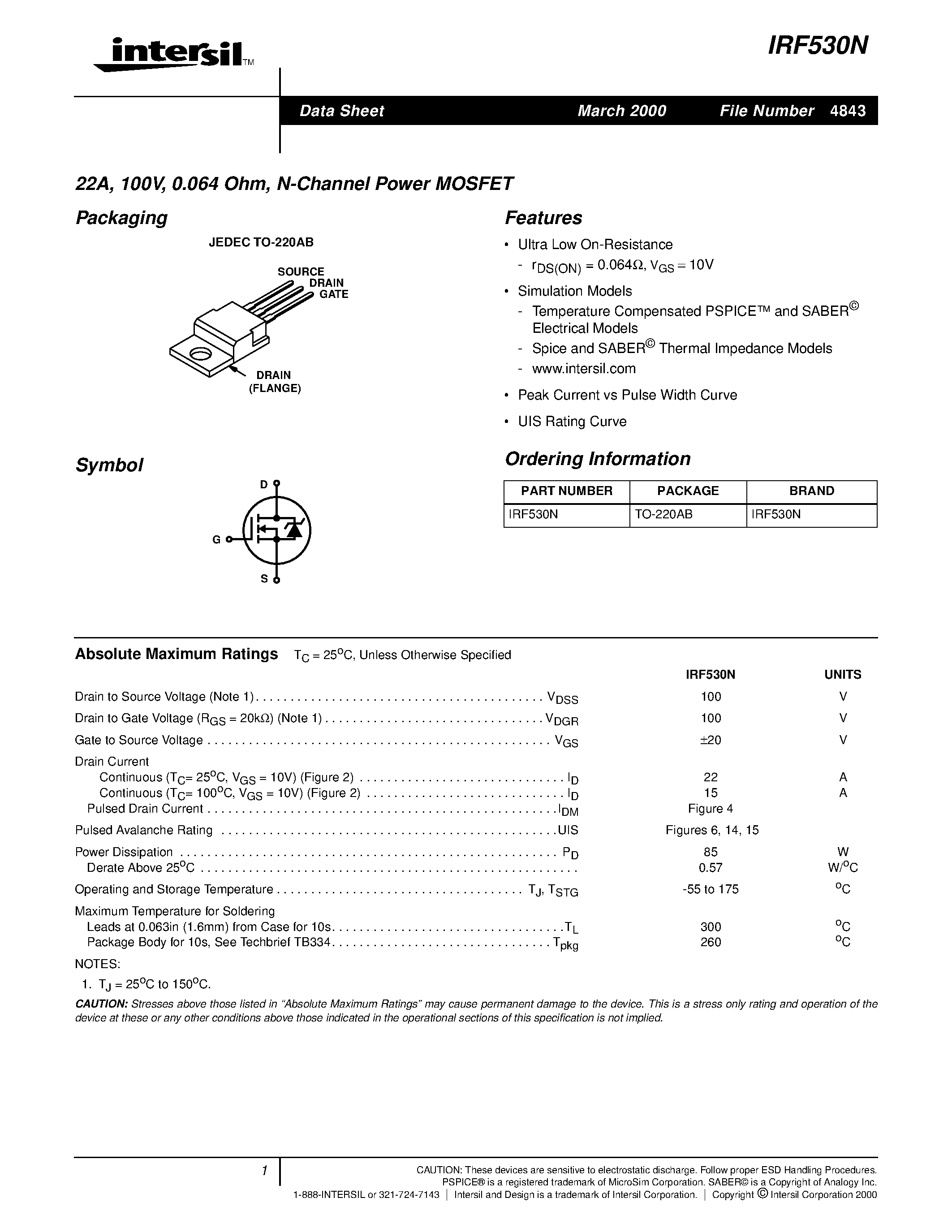 Даташит IRF530N - 22A/ 100V/ 0.064 Ohm/ N-Channel Power MOSFET страница 1