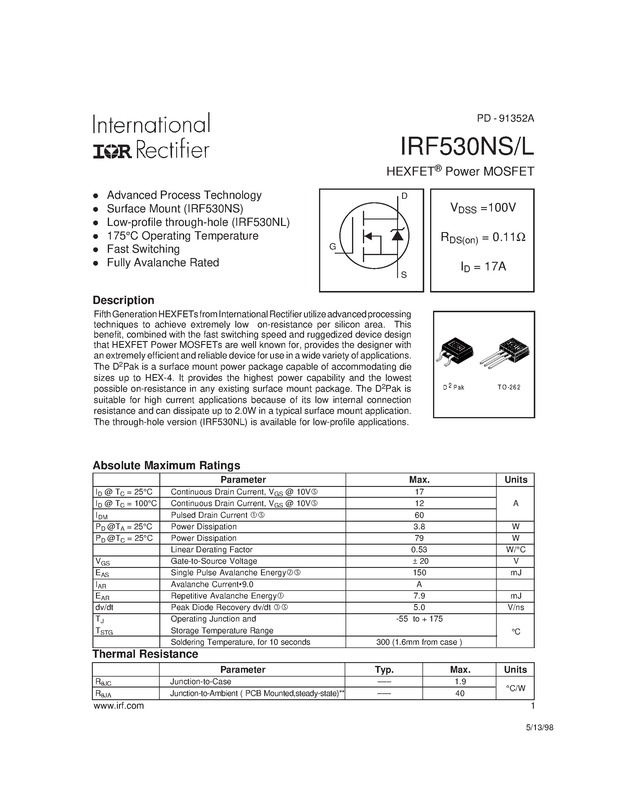 Datasheet IRF530NS - Power MOSFET(Vdss=100V/ Rds(on)=0.11ohm/ Id=17A) page 1