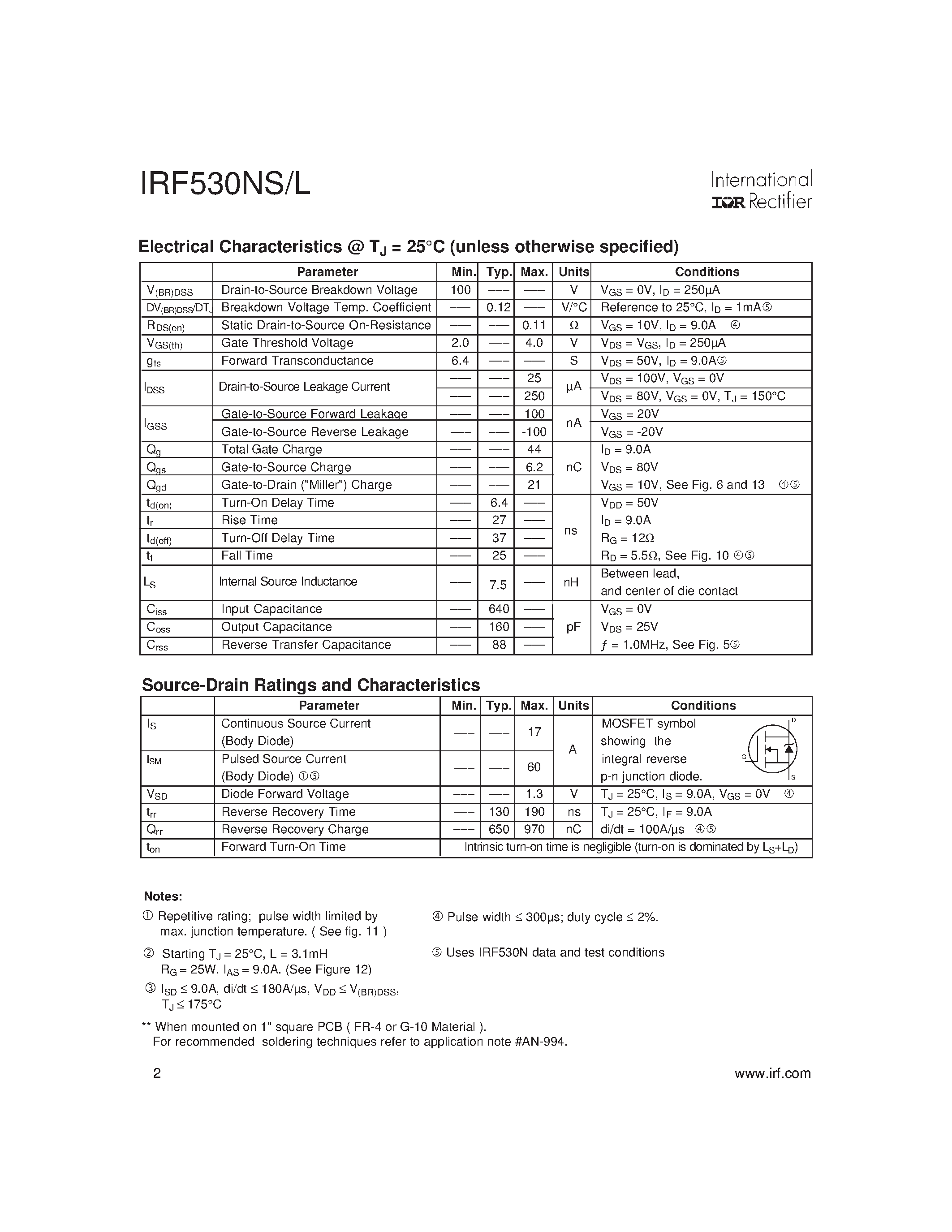 Datasheet IRF530NS - Power MOSFET(Vdss=100V/ Rds(on)=0.11ohm/ Id=17A) page 2