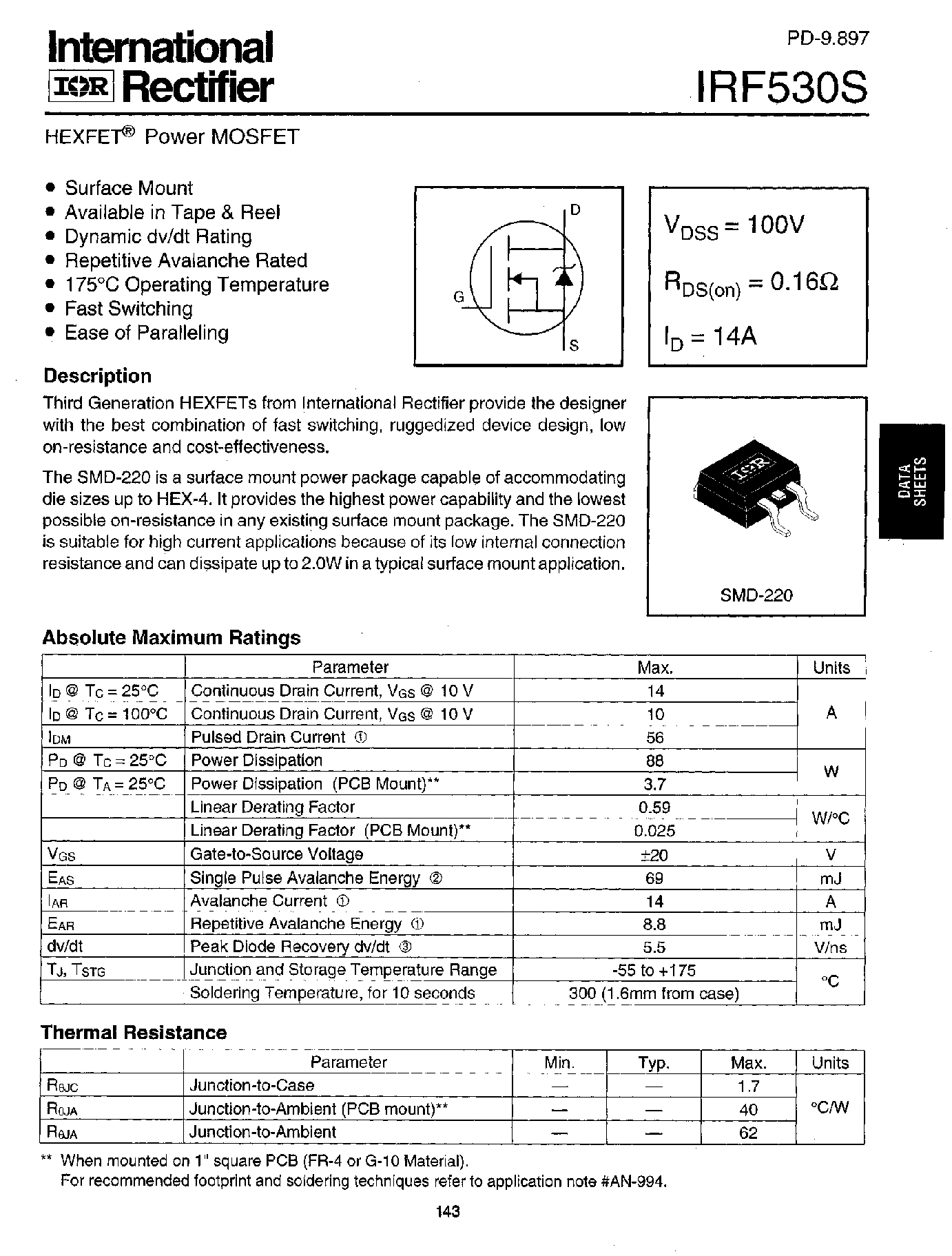 Datasheet IRF530S page 1 Datasheet IRF530S - HEXFET Power MOSFET page 1