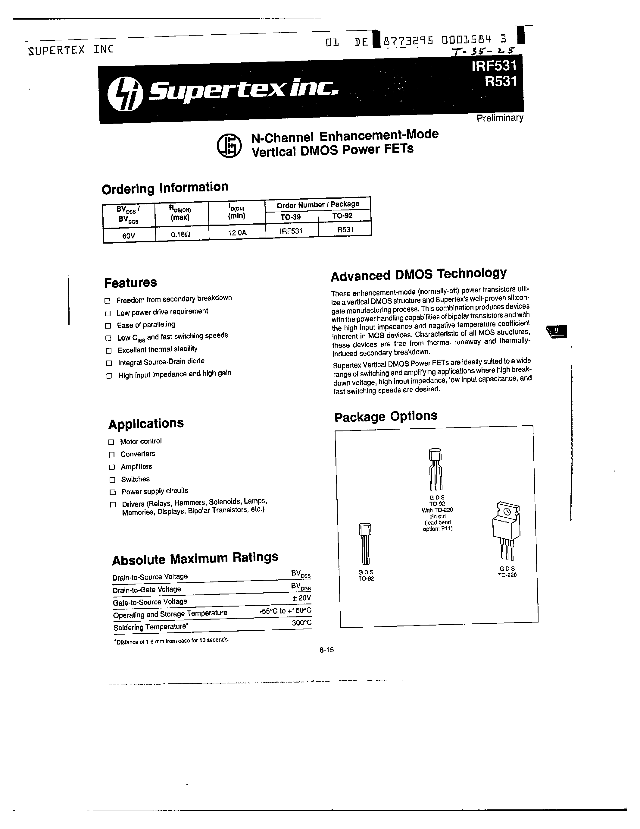 Datasheet IRF531 - N-Channel Enhancement-Mode Vertical DMOS Power FETs page 1