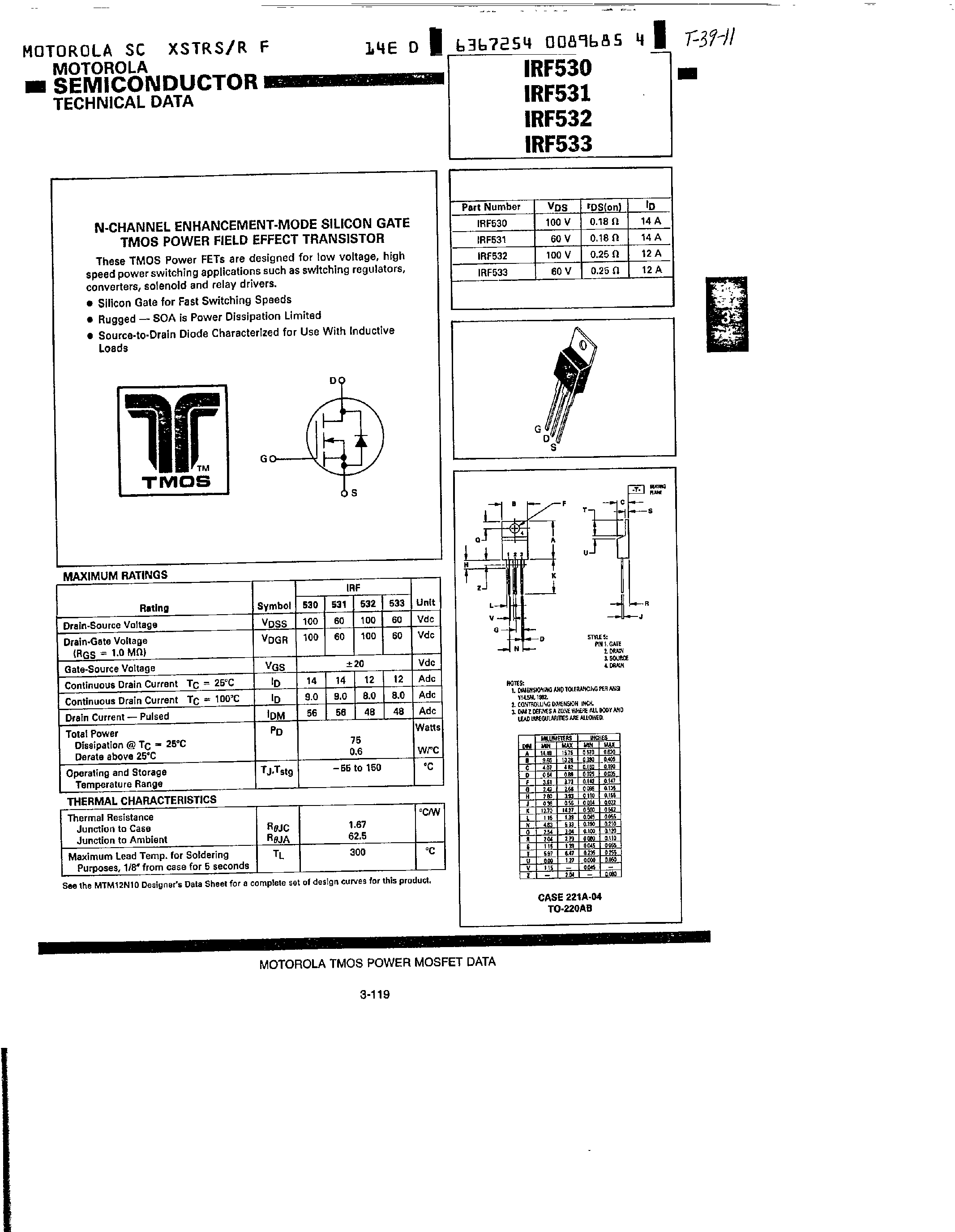 Datasheet IRF531 page 1 Datasheet IRF531 - N-CHANNEL ENHANCEMENT-MODE SILICON GATE TMOS POWER FIELD EFFECT TRANSISTOR page 1