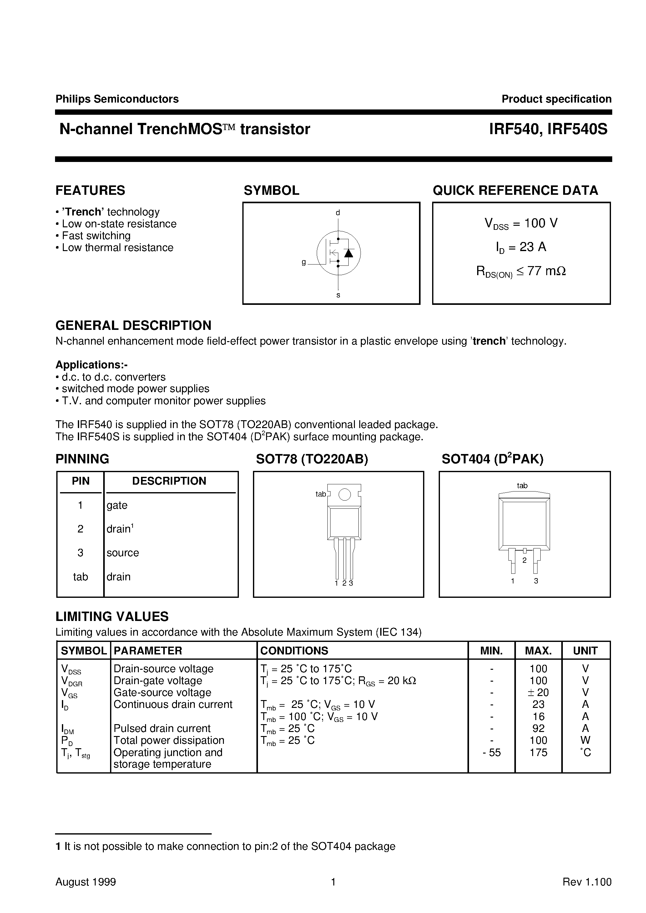 Datasheet IRF540 - N-channel TrenchMOS transistor page 1