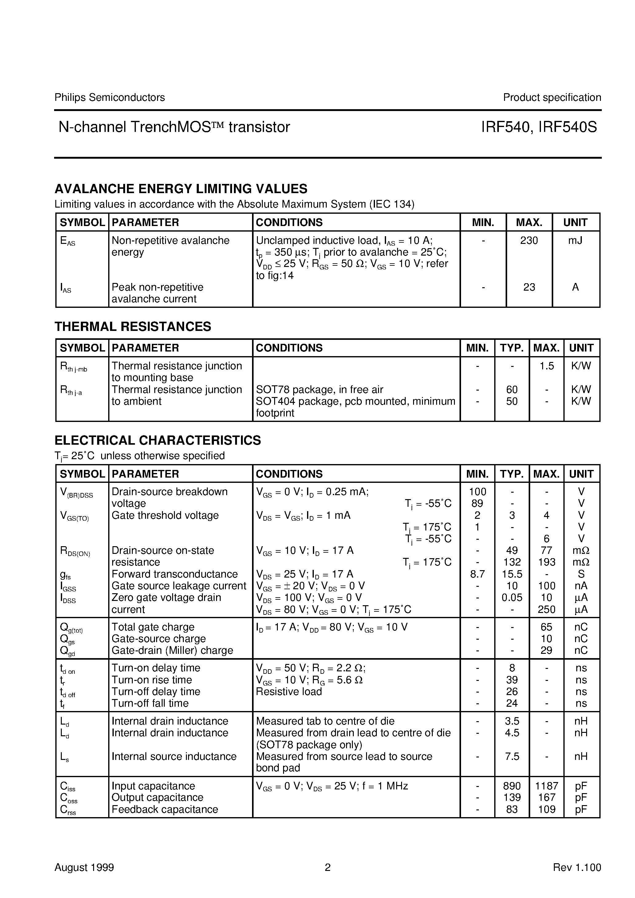 Datasheet IRF540 - N-channel TrenchMOS transistor page 2
