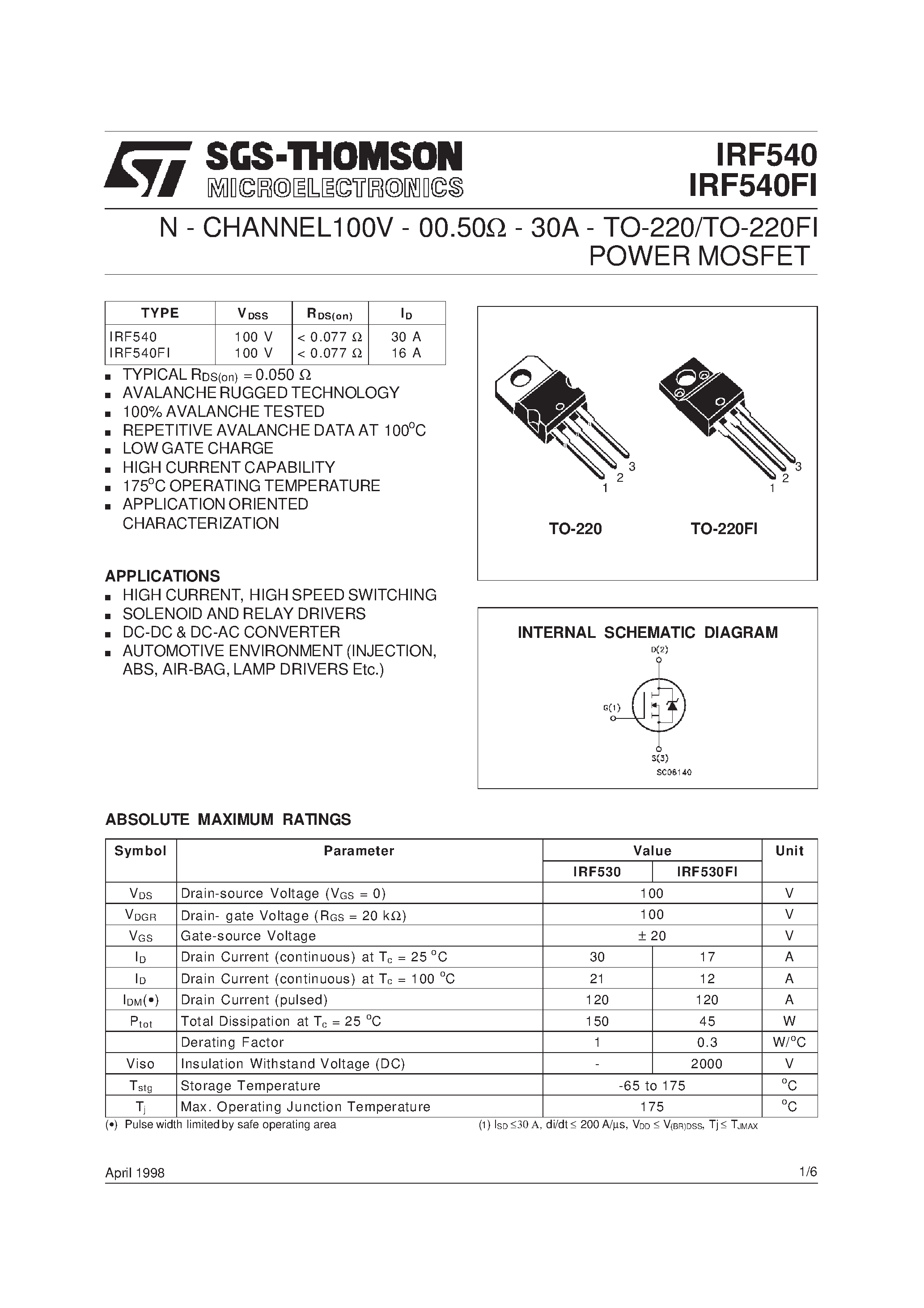 Datasheet IRF540 page 1 Datasheet IRF540 - N - CHANNEL100V - 00.50ohm - 30A - TO-220/TO-220FI POWER MOSFET page 1