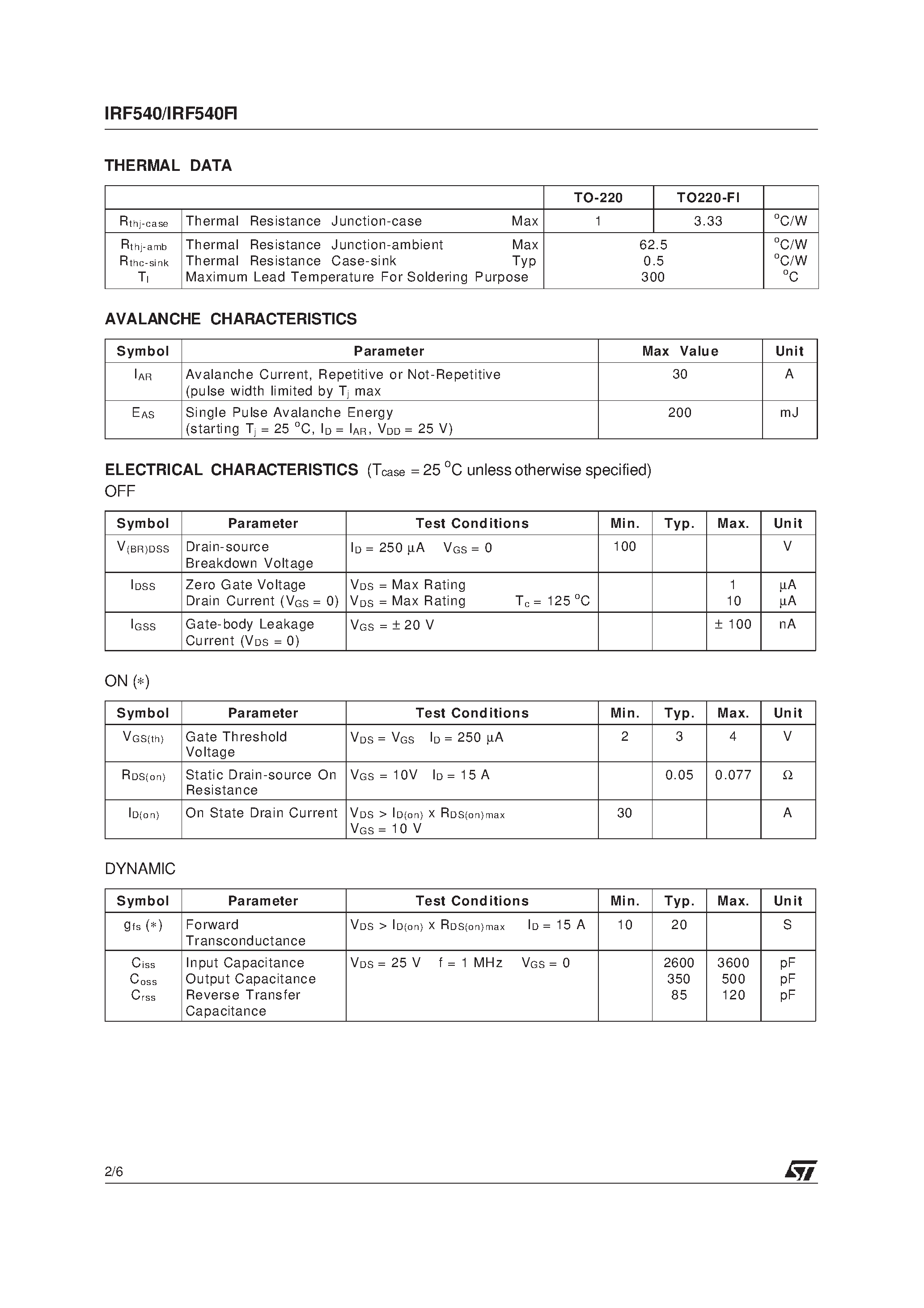 Datasheet IRF540 page 2 Datasheet IRF540 - N - CHANNEL100V - 00.50ohm - 30A - TO-220/TO-220FI POWER MOSFET page 2