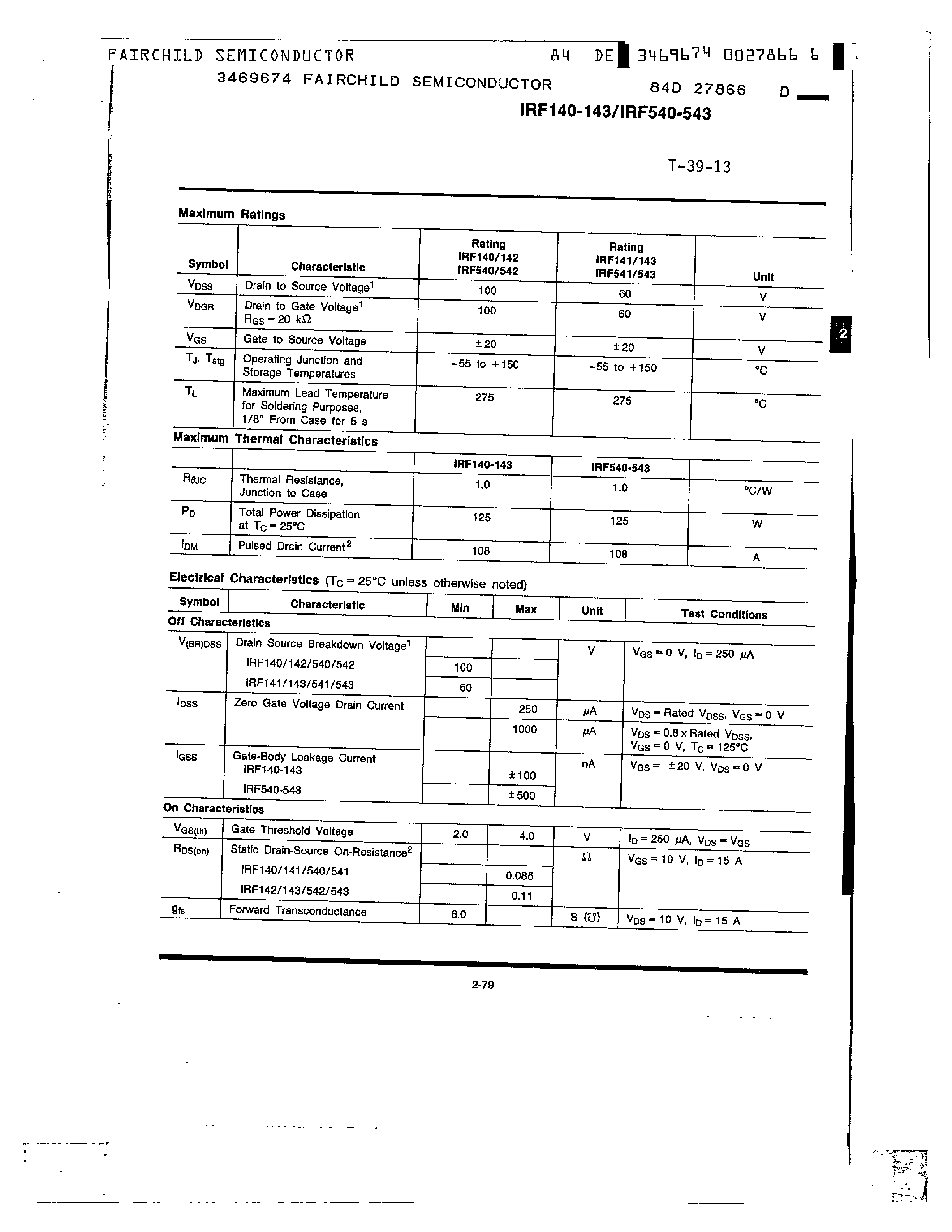 Datasheet IRF540 - N-Channel Power MOSFETs/ 27 A/ 60-100V page 2