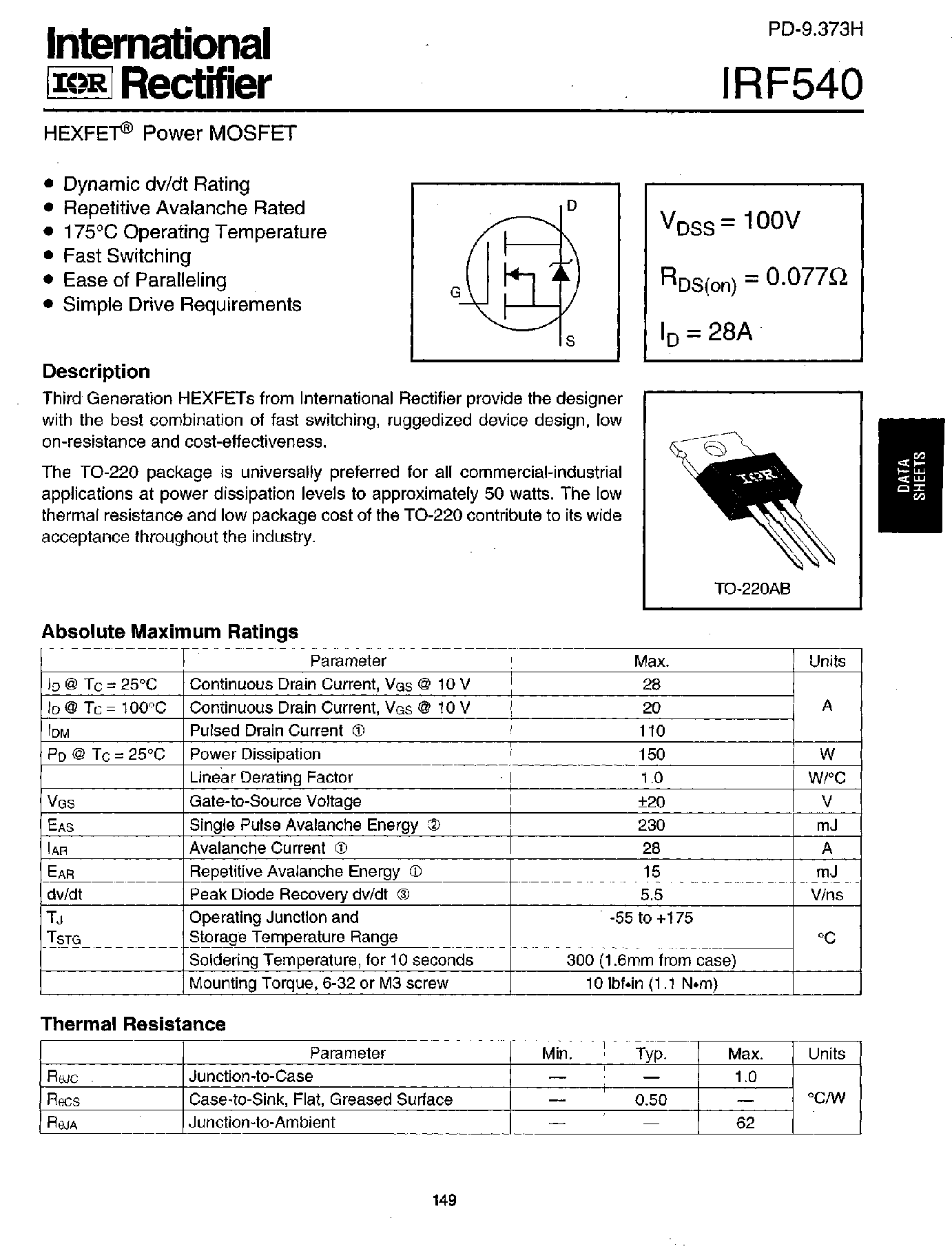 Datasheet IRF540 - HEXFET POWER MOSFET page 1