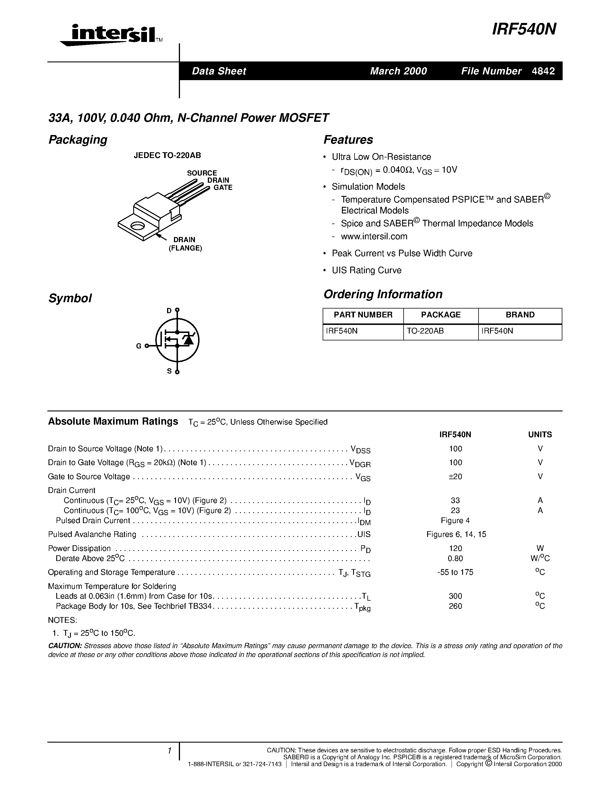 Datasheet IRF540N - 33A/ 100V/ 0.040 Ohm/ N-Channel Power MOSFET page 1