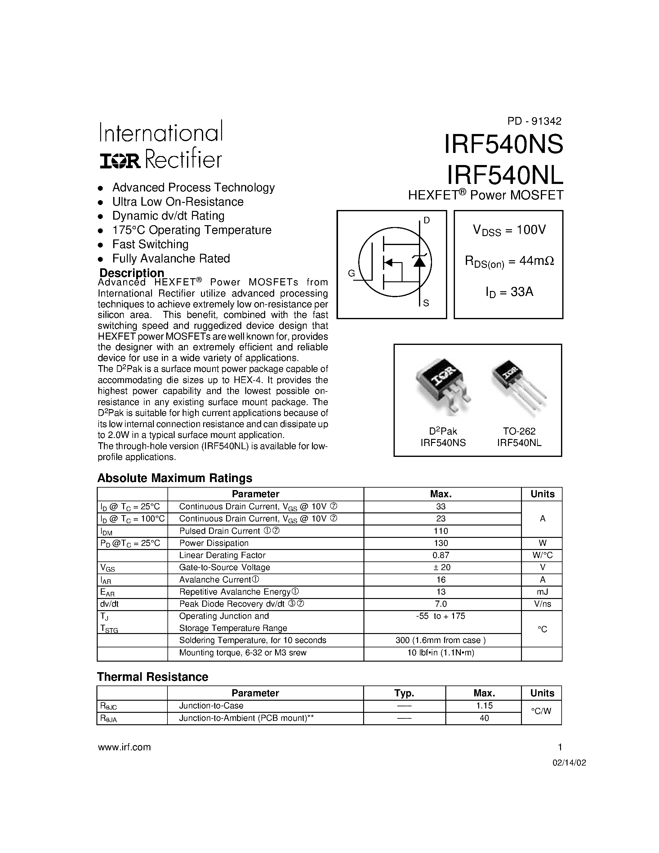 Datasheet IRF540NS - Power MOSFET(Vdss=100V/ Rds(on)=44mohm/ Id=33A) page 1