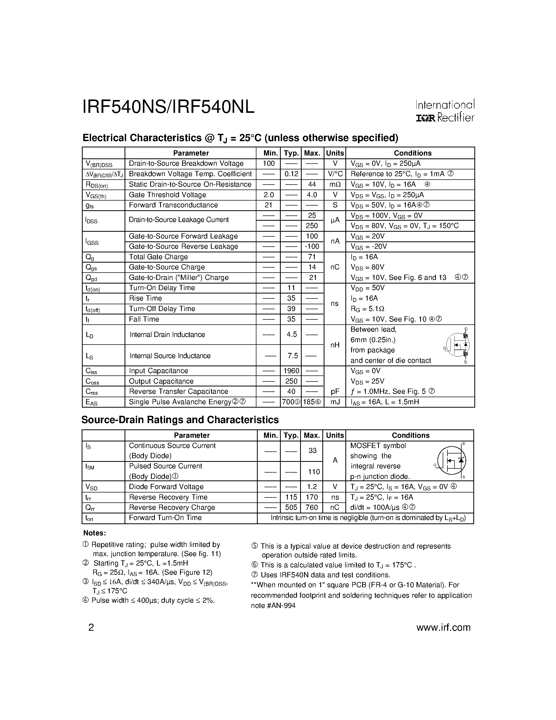 Datasheet IRF540NS - Power MOSFET(Vdss=100V/ Rds(on)=44mohm/ Id=33A) page 2