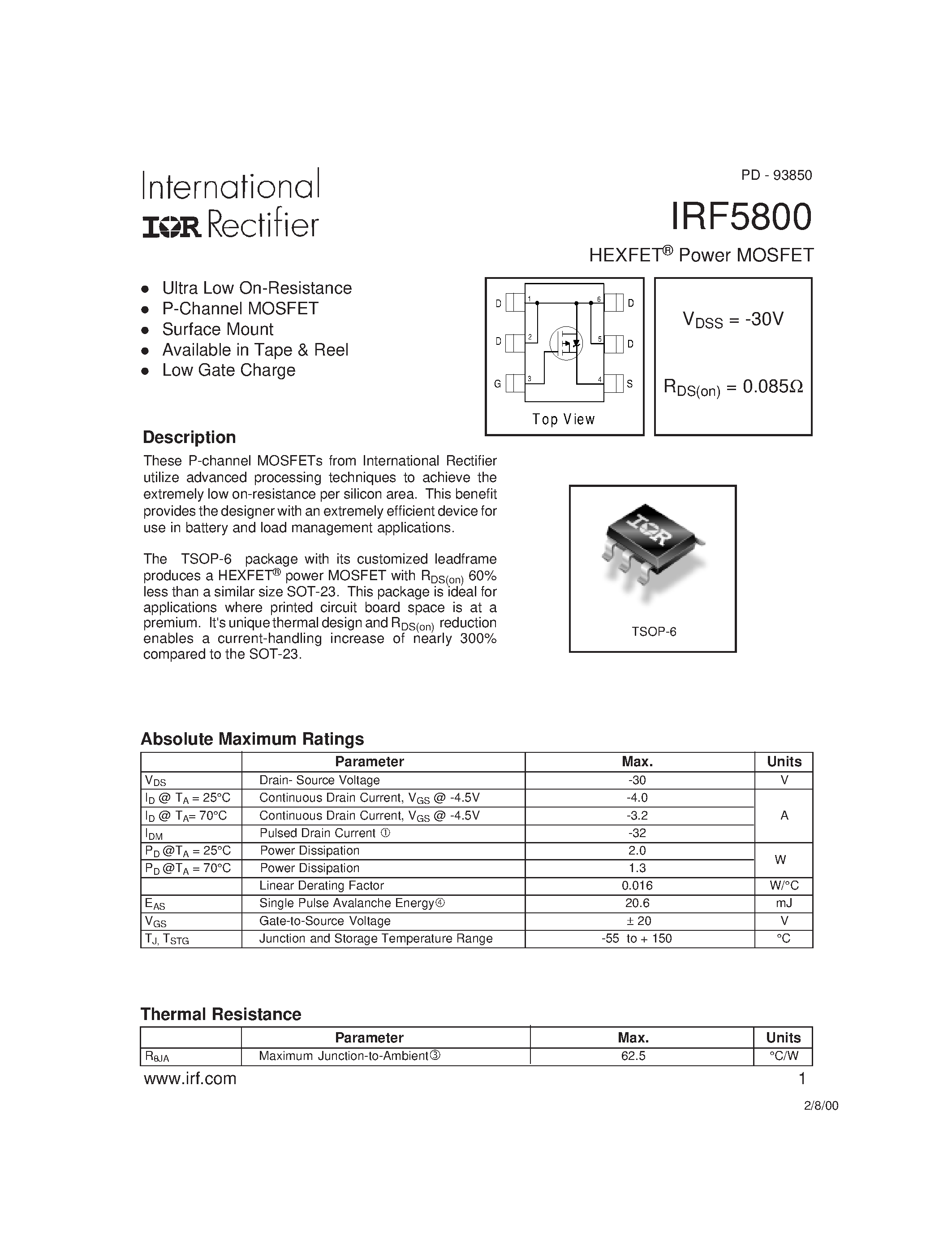 Datasheet IRF5800 - Power MOSFET(Vdss=-30V/ Rds(on)=0.085ohm) page 1