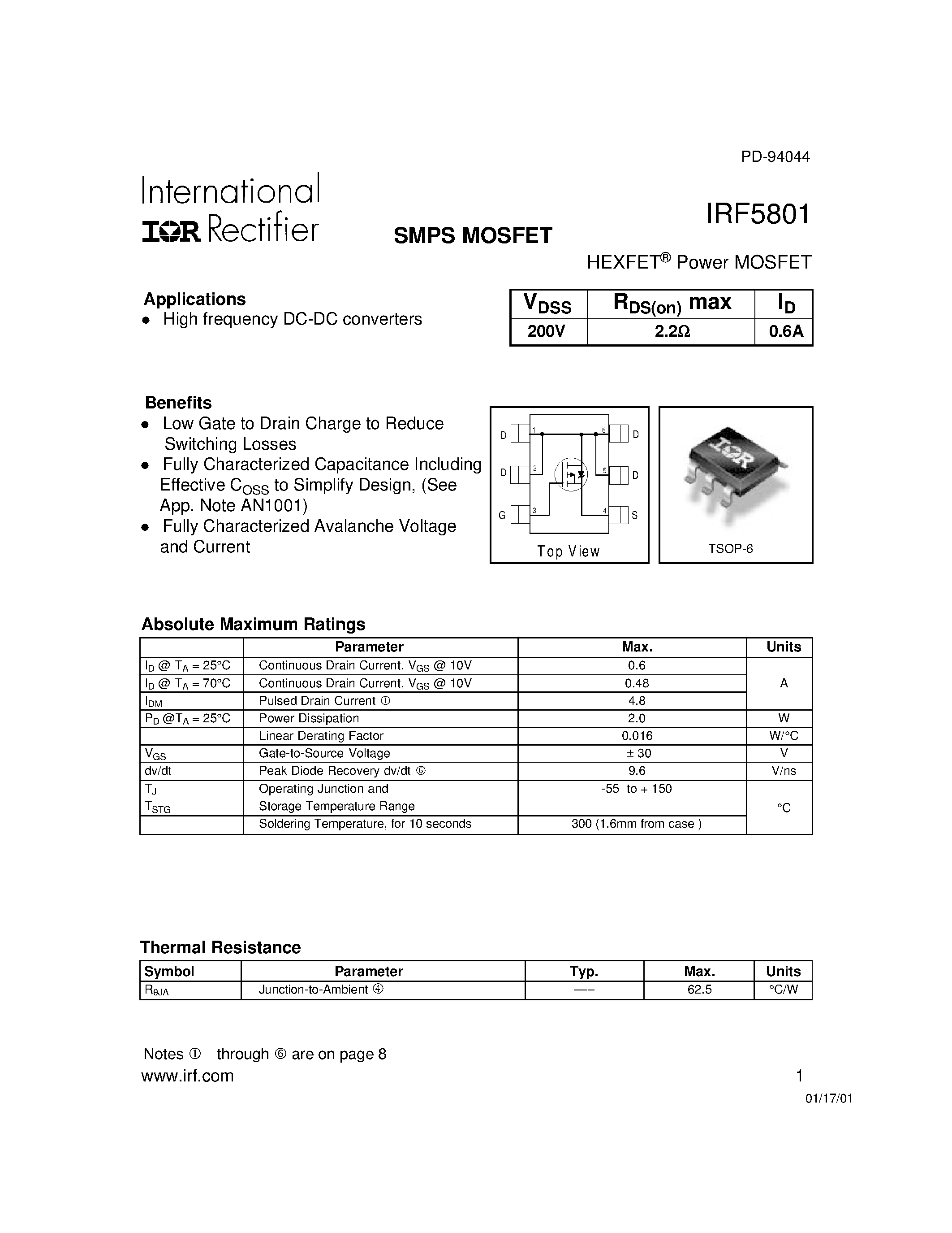 Даташит на микросхему IRF5801 страница 1 Даташит IRF5801 - Power MOSFET(Vdss=200V/ Rds(on)max=2.2ohm/ Id=0.6A) страница 1